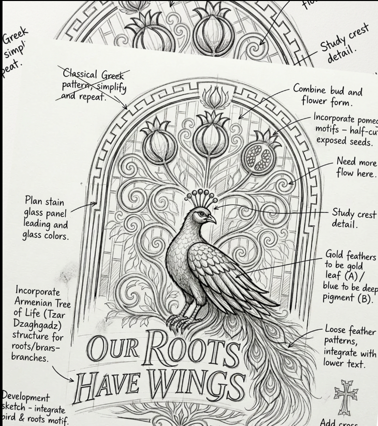 Our Roots Have Wings — Armenian peacock and Tree of Life stained glass design sketch by Hayk Heritage
