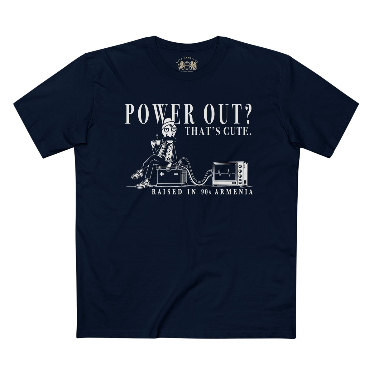 Armenian heritage humor t-shirt featuring Norek Aram's car-battery TV setup and the line "Raised in 90s Armenia."