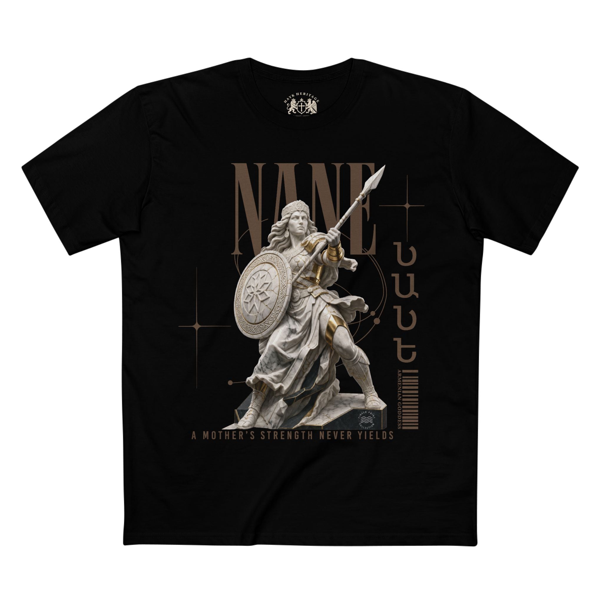 Nane tee with Armenian script and warrior goddess statue