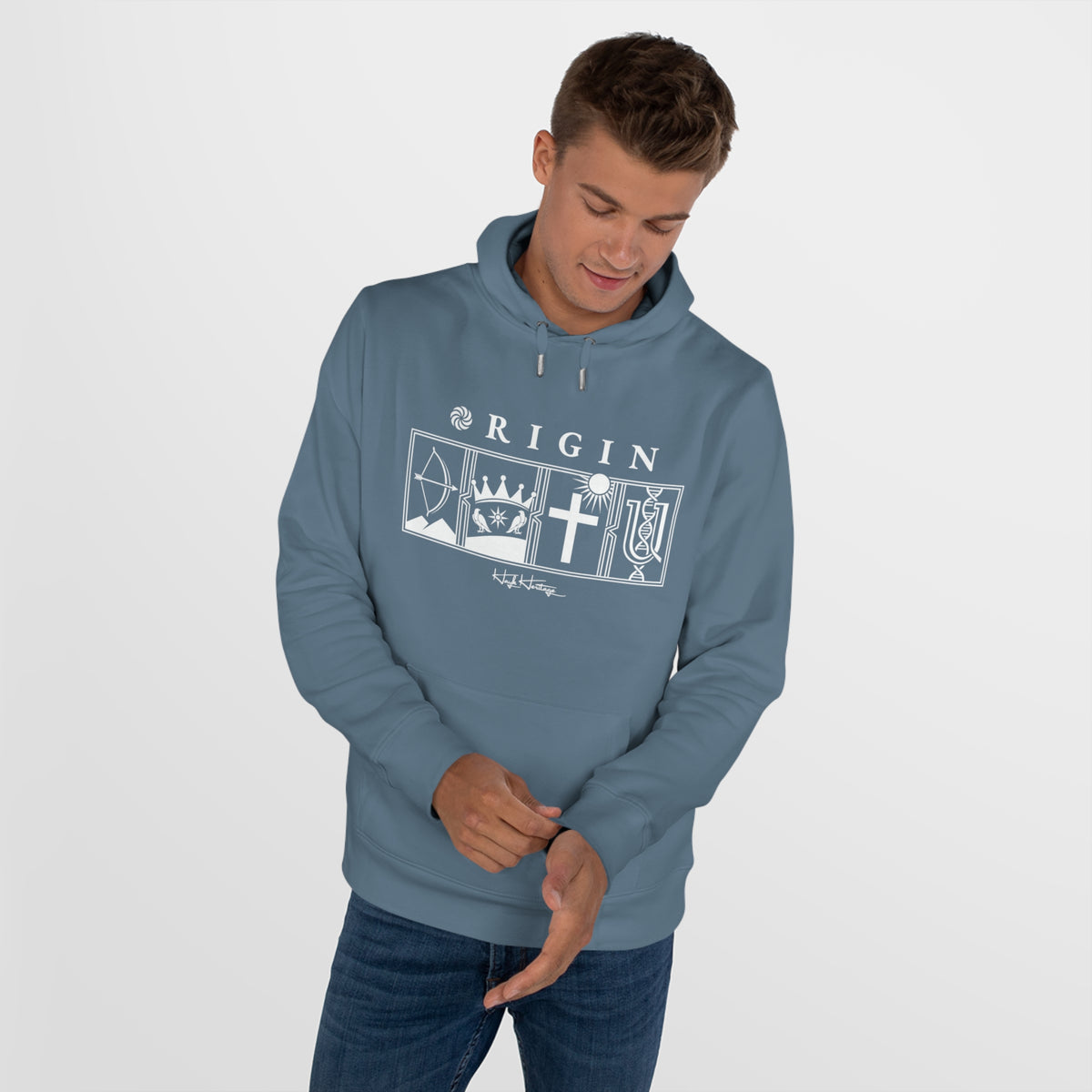 Model wearing the Nordic Blue ORIGIN hoodie by Hayk Heritage with white four-panel Armenian heritage print