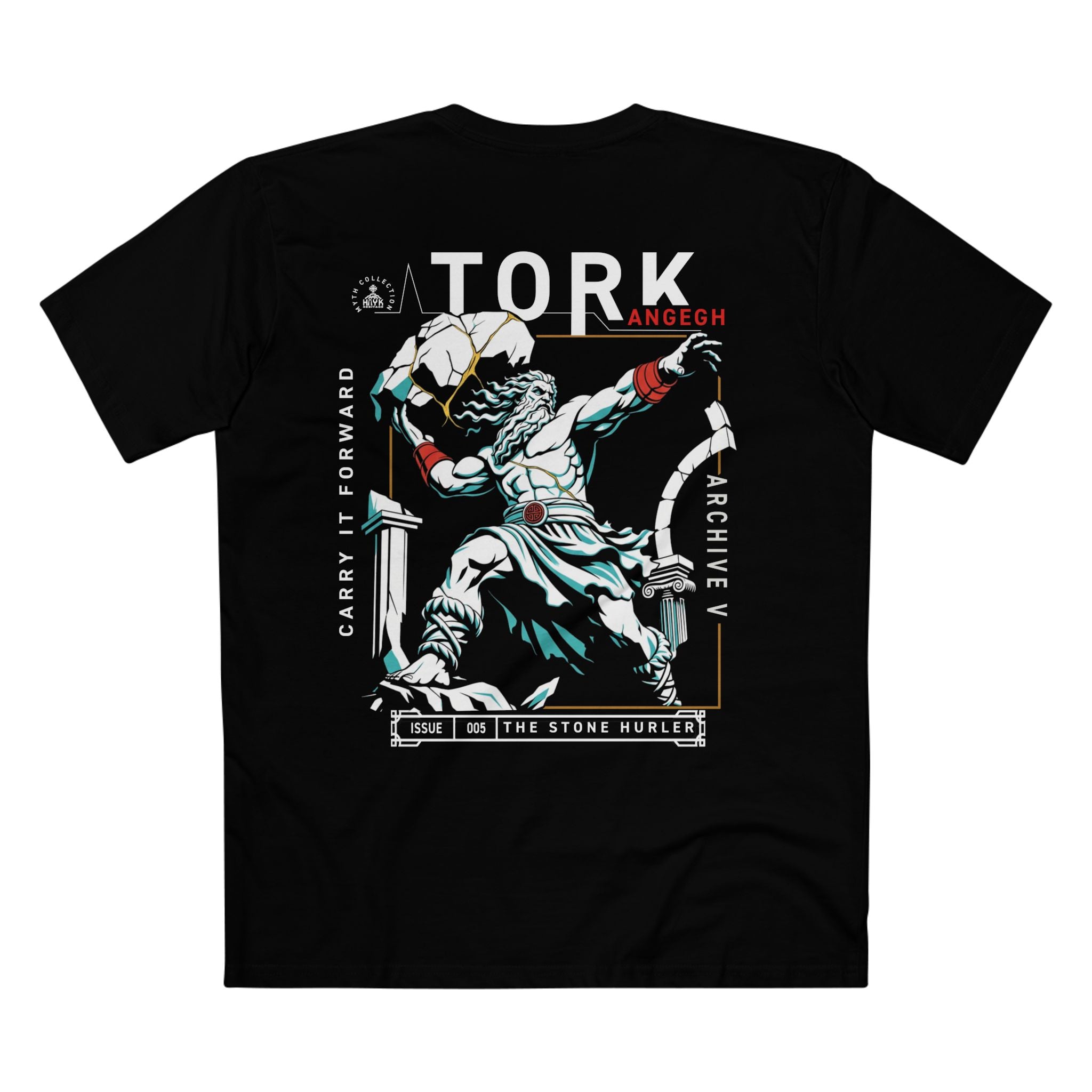 Tork Angegh Archive V white t-shirt front — Armenian mythology Stone Hurler design