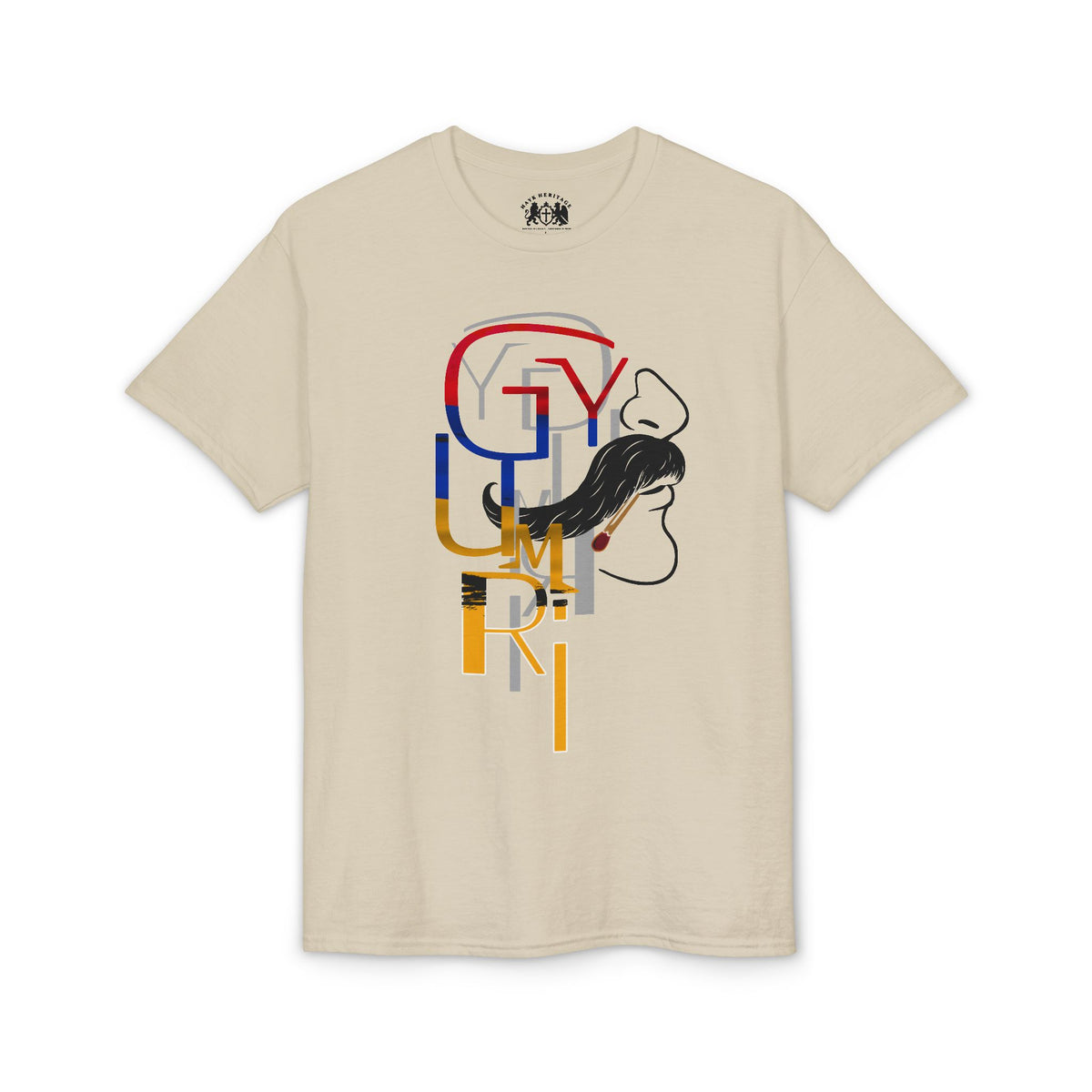 GYUMRI Attitude tee detail — Armenian tricolor GYUMRI type with mustache, Hayk Heritage