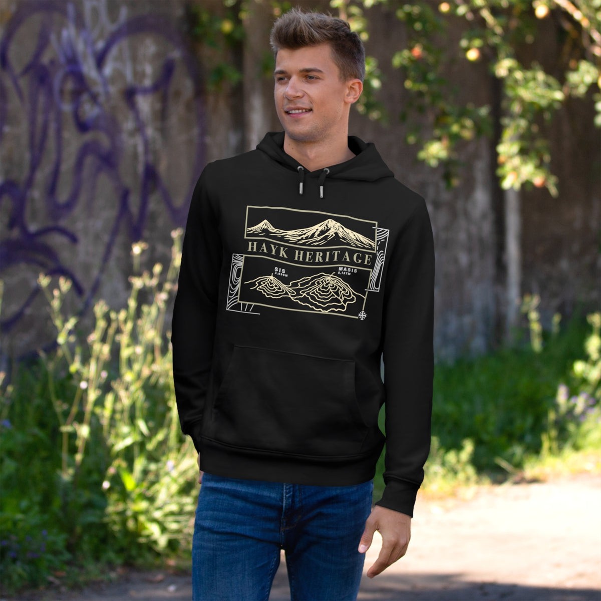 Sis and Masis Mount Ararat hoodie by Hayk Heritage, engraved peaks and topographic survey print