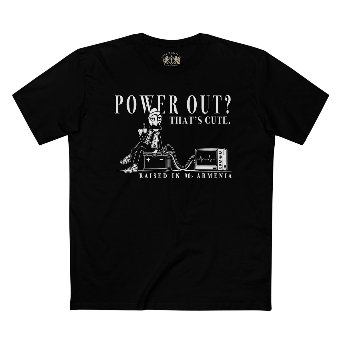 Norek Aram "Raised in the 90s" tee, design detail — cartoon character, car battery, old television, coffee, deadpan blackout joke.