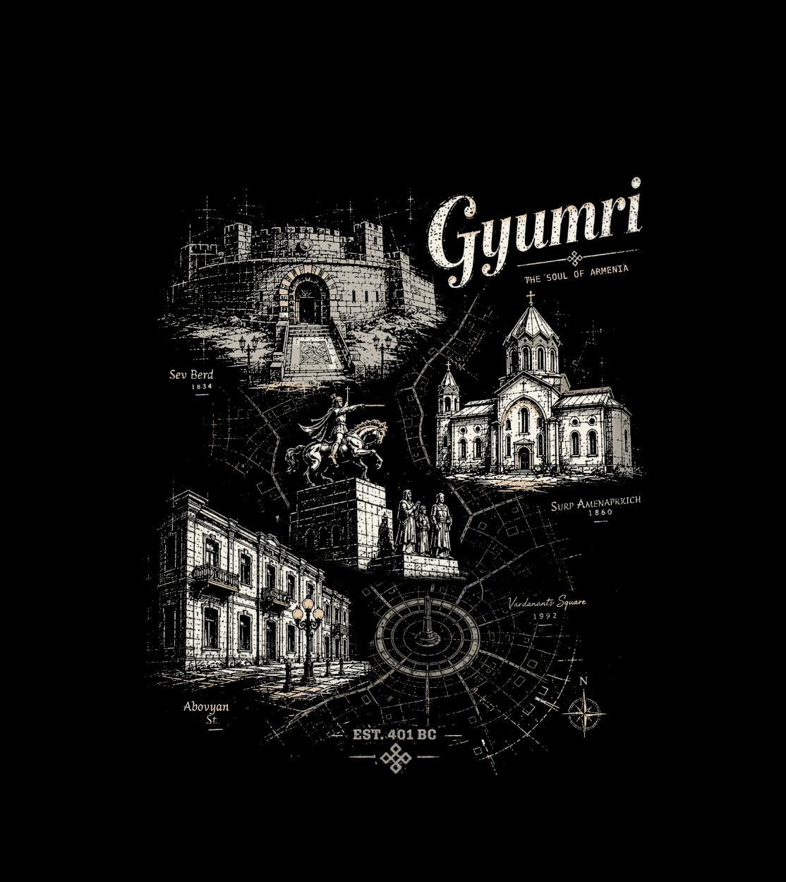 Gyumri Armenian graphic t-shirt — city design detail, Hayk Heritage