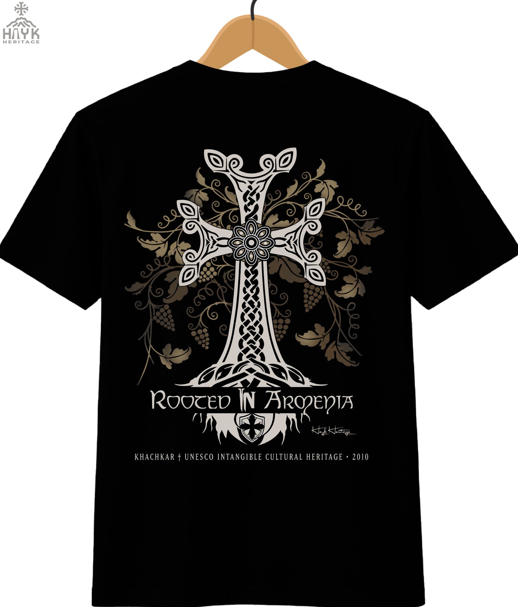 Khachkar t-shirt — Armenian heritage motif detail, Hayk Heritage