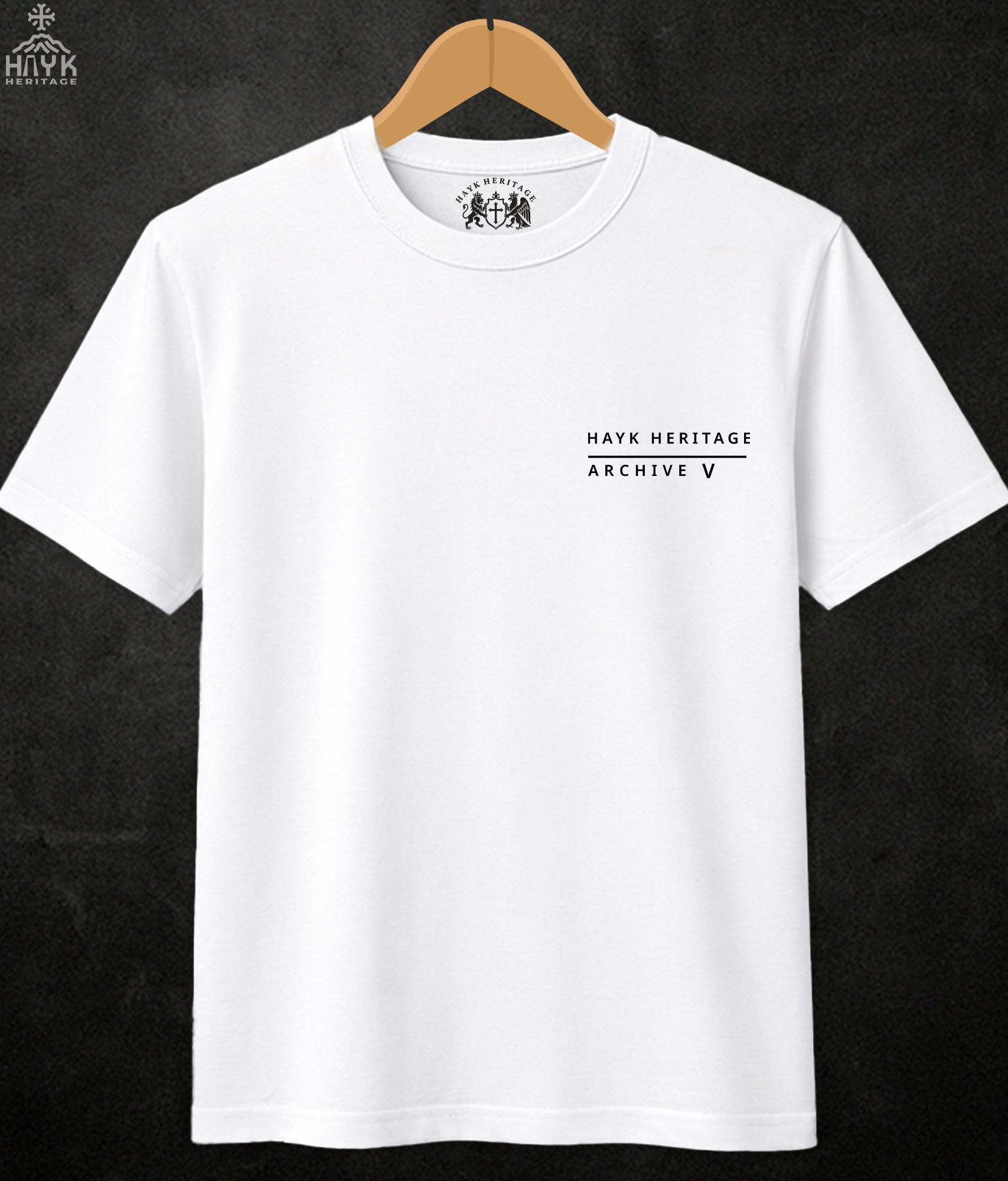 Model wearing Tork Angegh Archive V white t-shirt — Hayk Heritage Armenian mythology