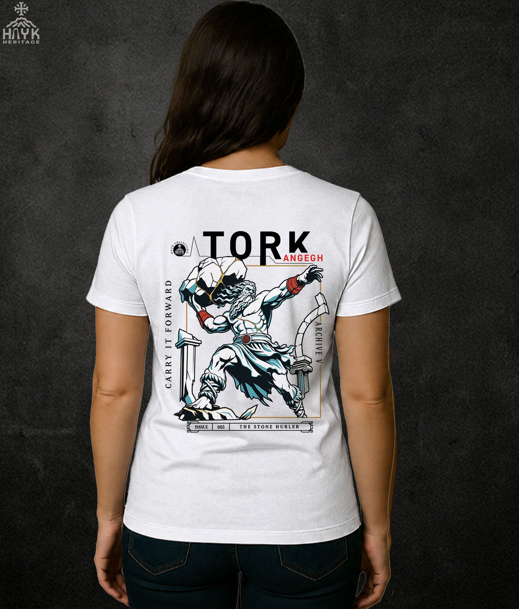 Tork Angegh The Stone Hurler t-shirt on model — Archive V Armenian heritage tee