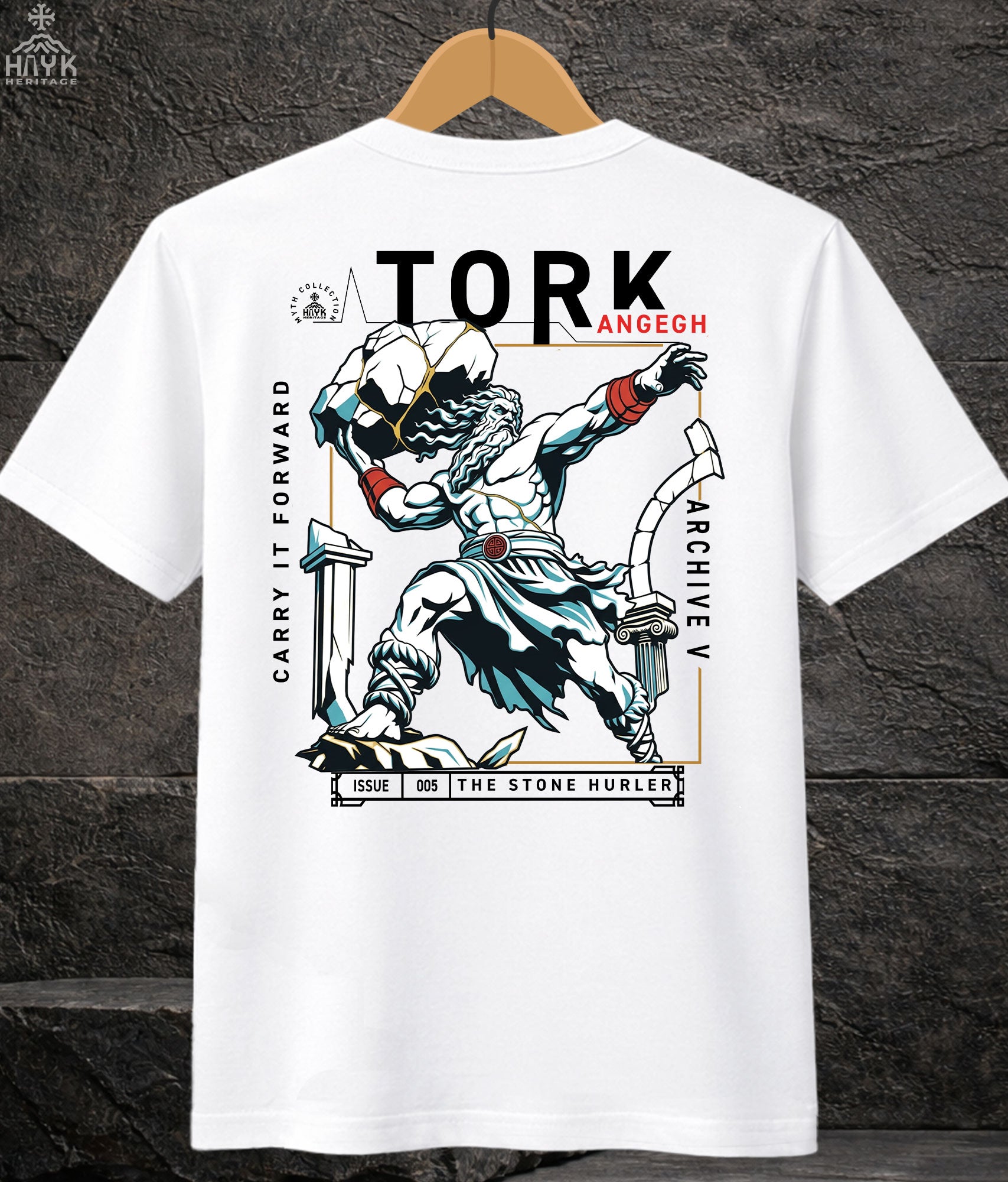 Tork Angegh t-shirt graphic close-up — Archive V stone hurler design detail