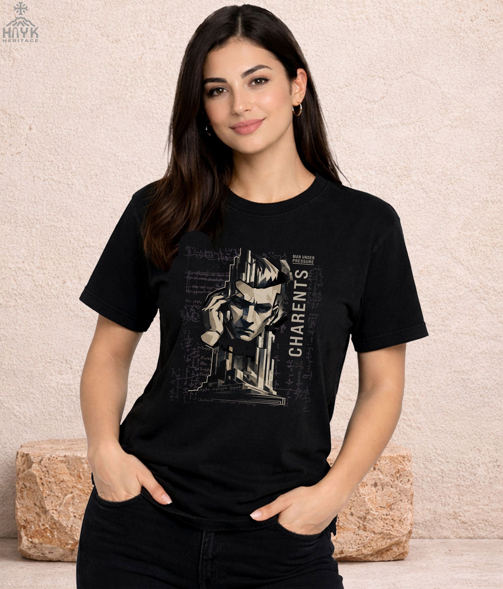 Charents Armenian heritage tee — Man Under Pressure design with Soviet-era manuscript detail
