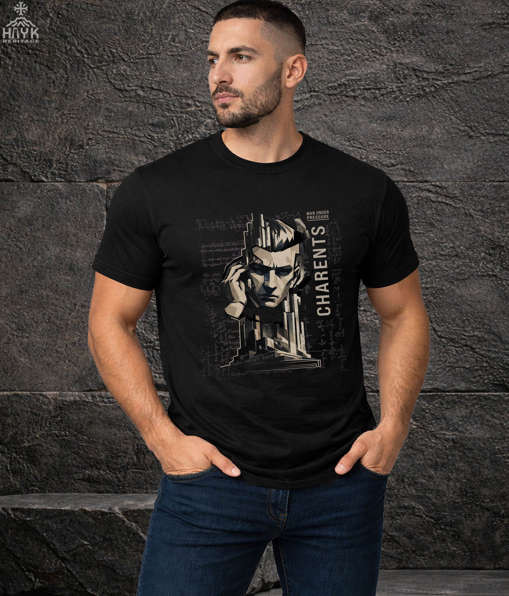 Yeghishe Charents t-shirt — handwritten manuscript notes background with Armenian poet portrait