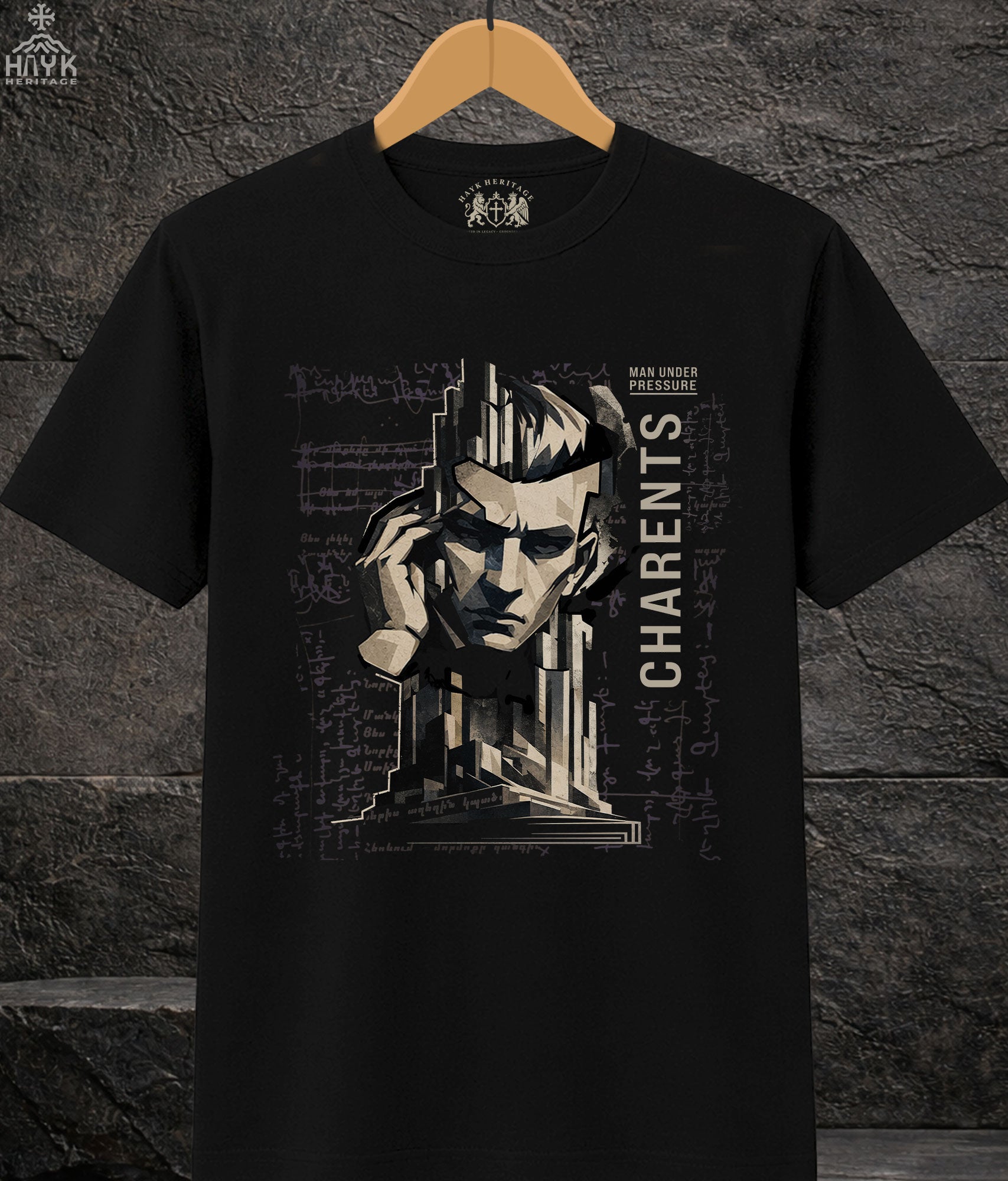 Charents Man Under Pressure Armenian poet t-shirt — geometric cubist portrait on black tee