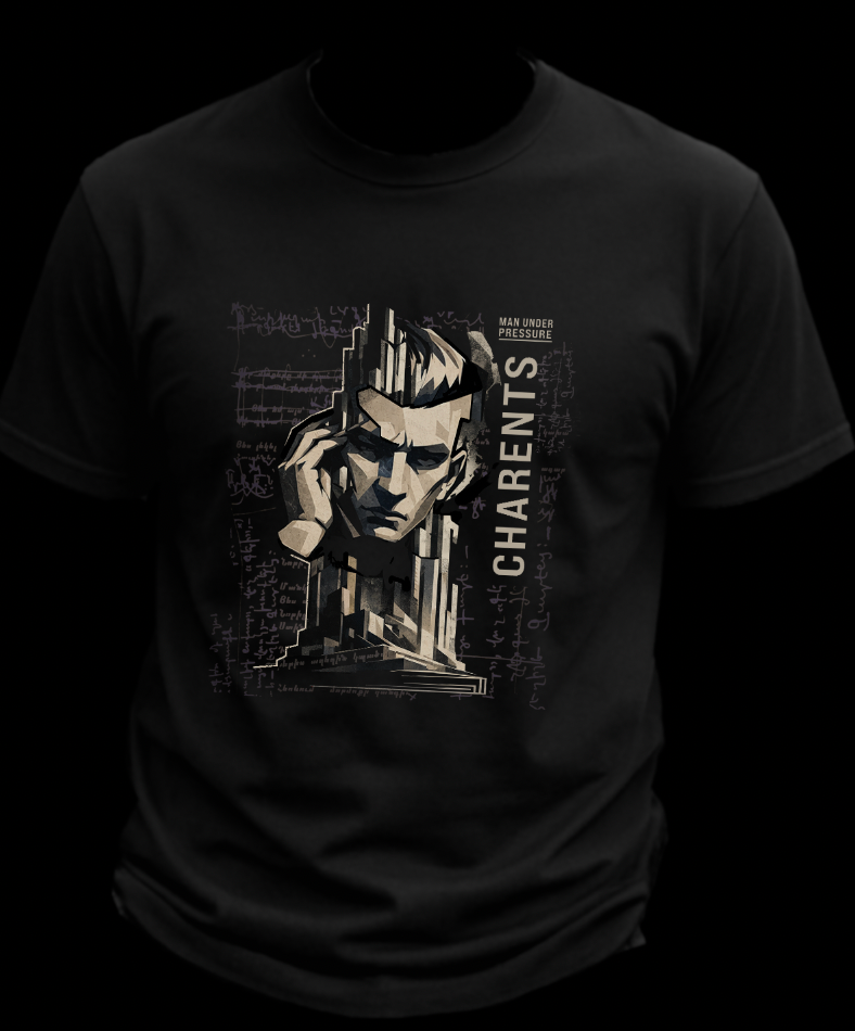 Charents Man Under Pressure t-shirt graphic — Yeghishe Charents cubist portrait with handwritten Armenian notes