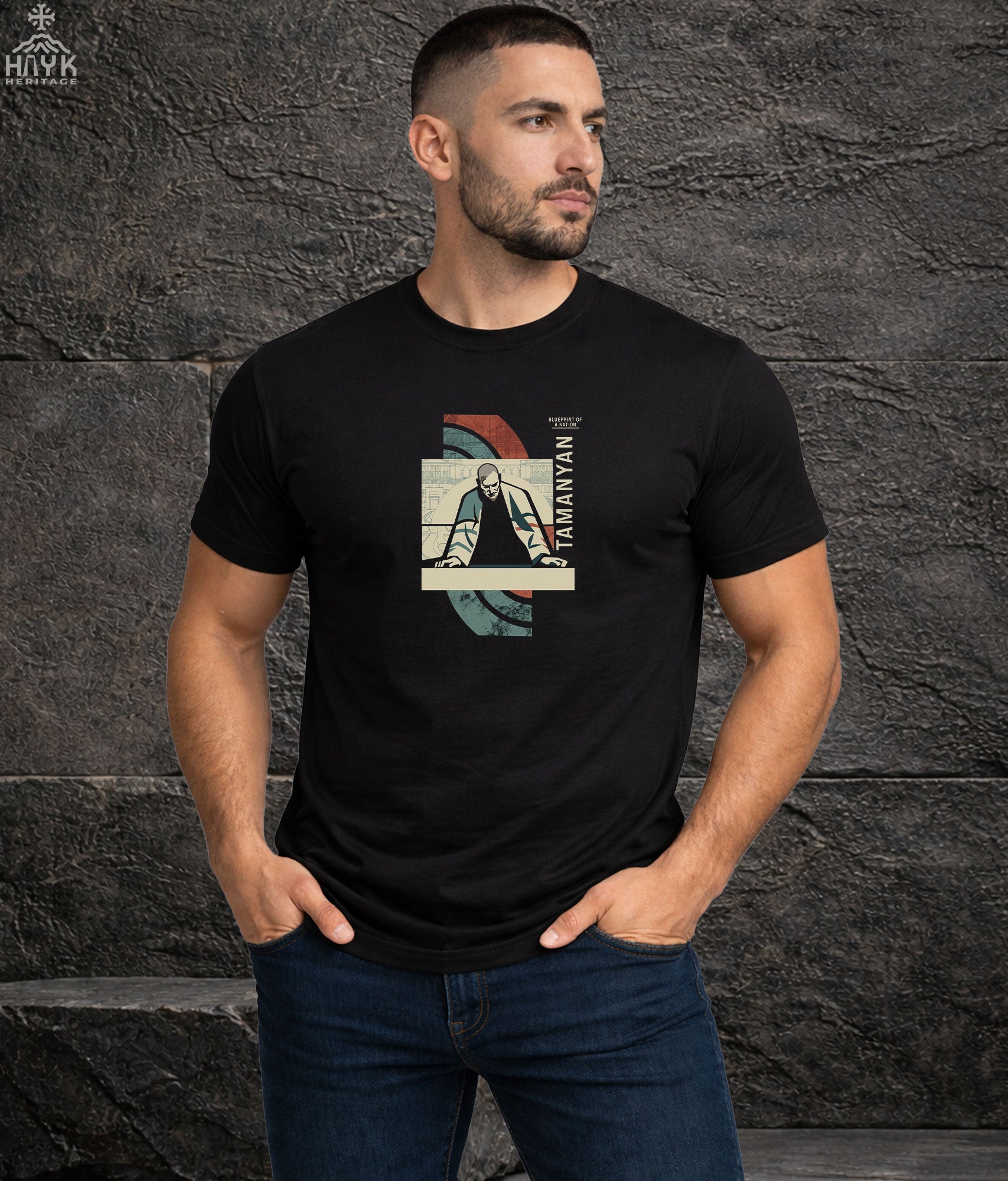 Alexander Tamanyan t-shirt model shot — Hayk Heritage architect of Yerevan heritage tee