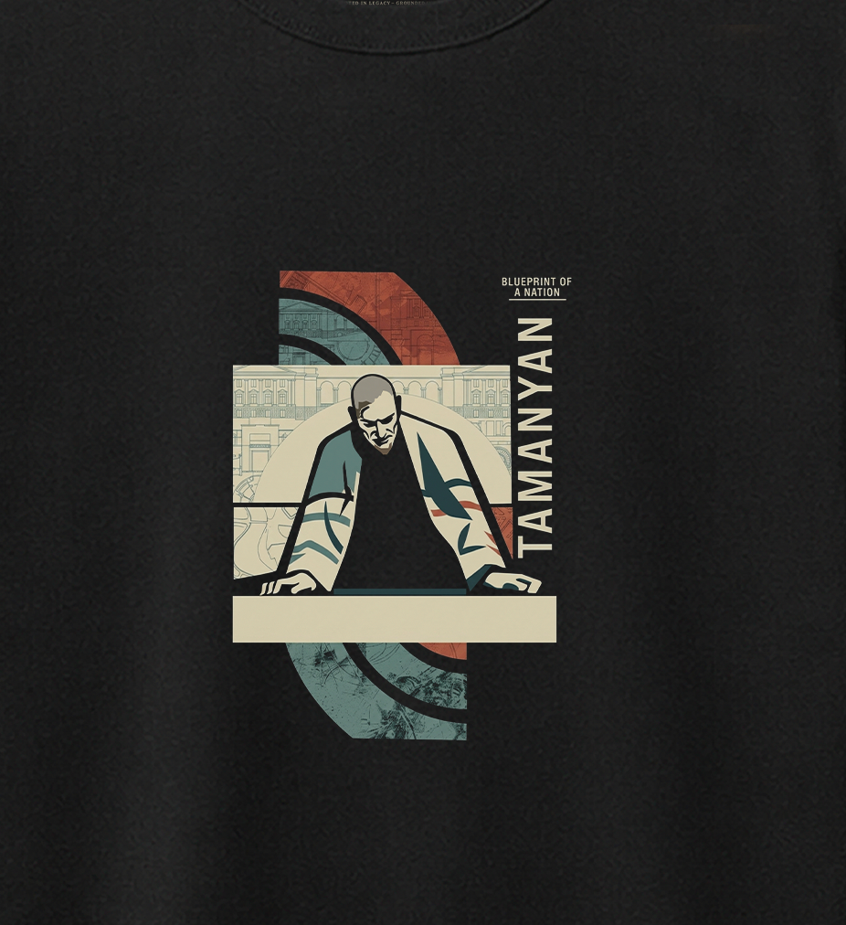 Tamanyan Blueprint of a Nation graphic — terracotta and teal arcs with Government House blueprint