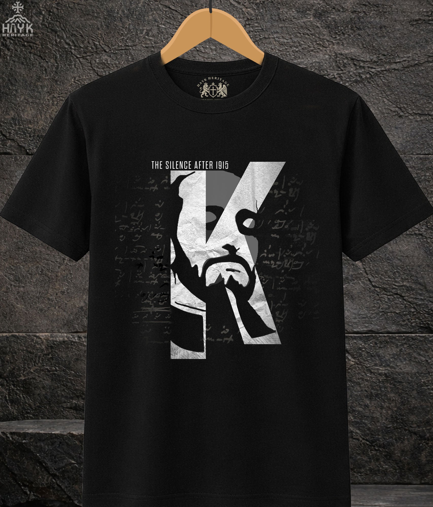 The Silence After 1915 t-shirt | Fading manuscript notations dissolving into black | Komitas design