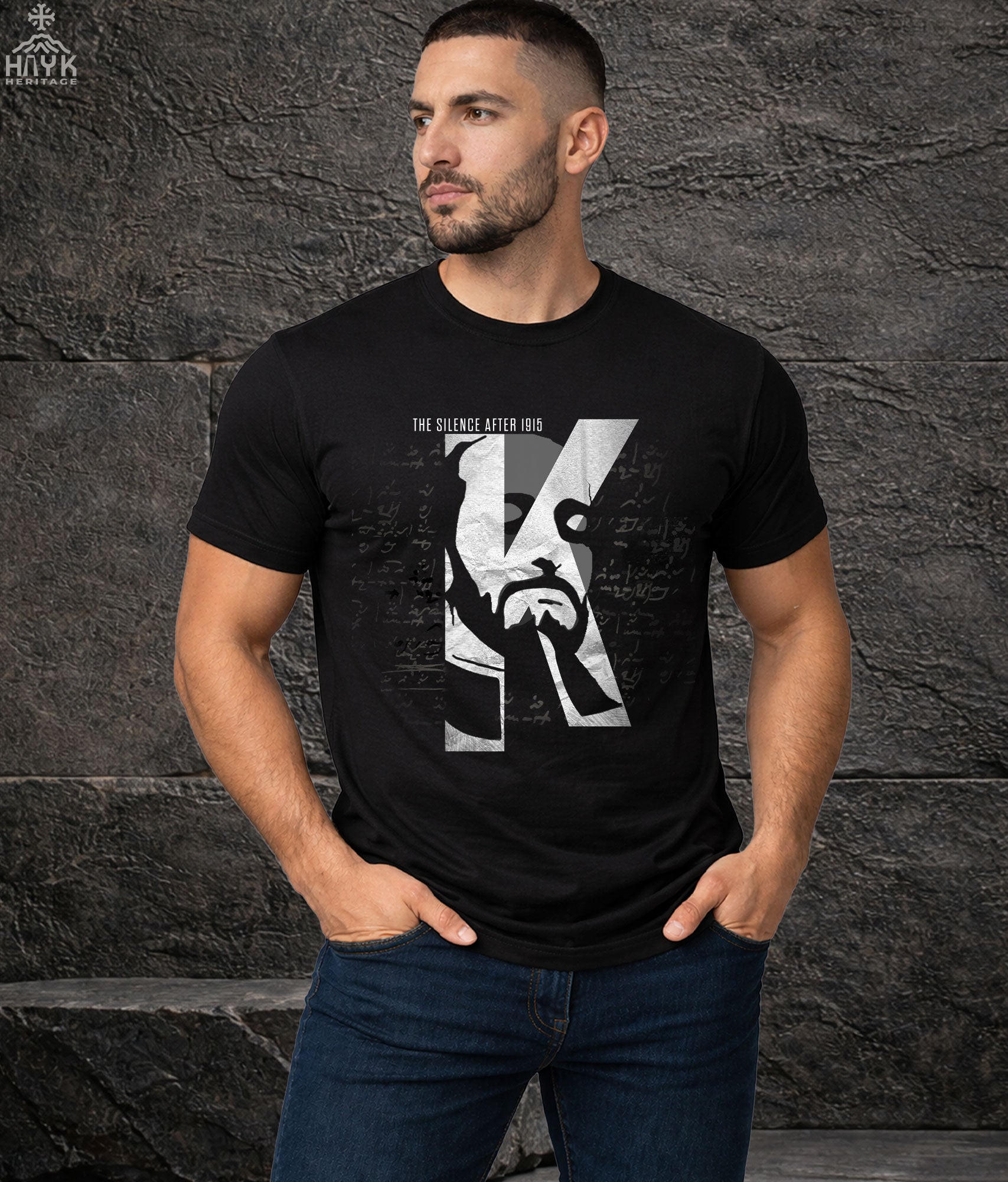 Komitas Vardapet tee | Face emerging through crumpled K letterform | Armenian heritage shirt