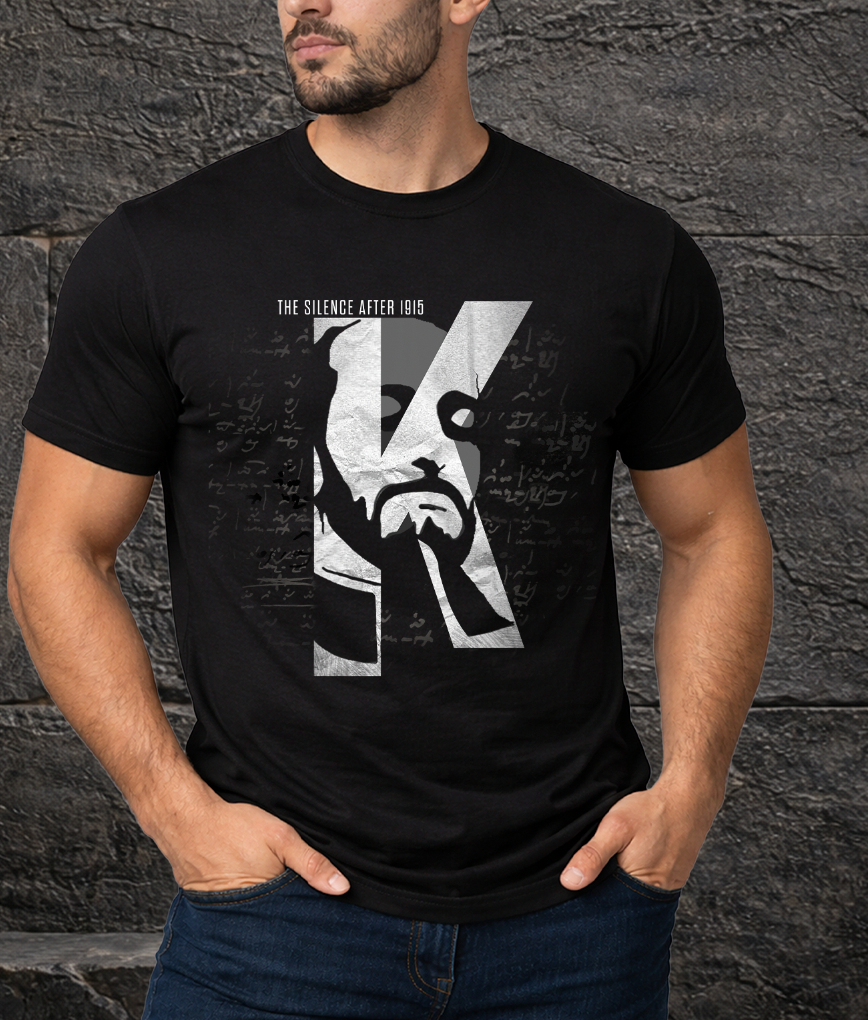 Komitas — The Silence After 1915 | Black t-shirt with K letterform and portrait graphic