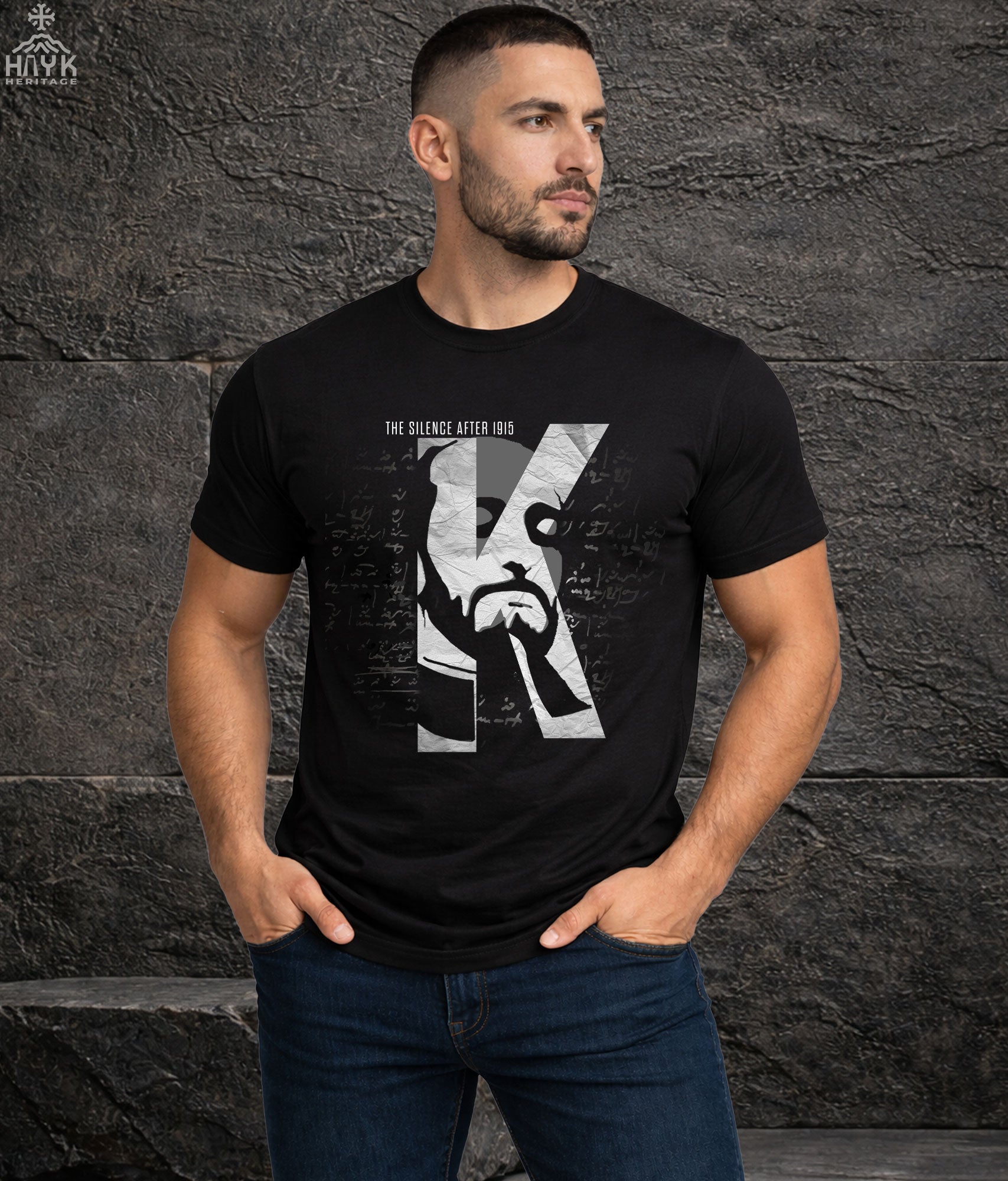 Komitas Vardapet Armenian heritage tee — The Silence After 1915 design, Hayk Heritage