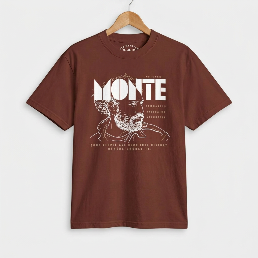 Monte Melkonian He Chose Armenia | Model wearing Armenian heritage tee