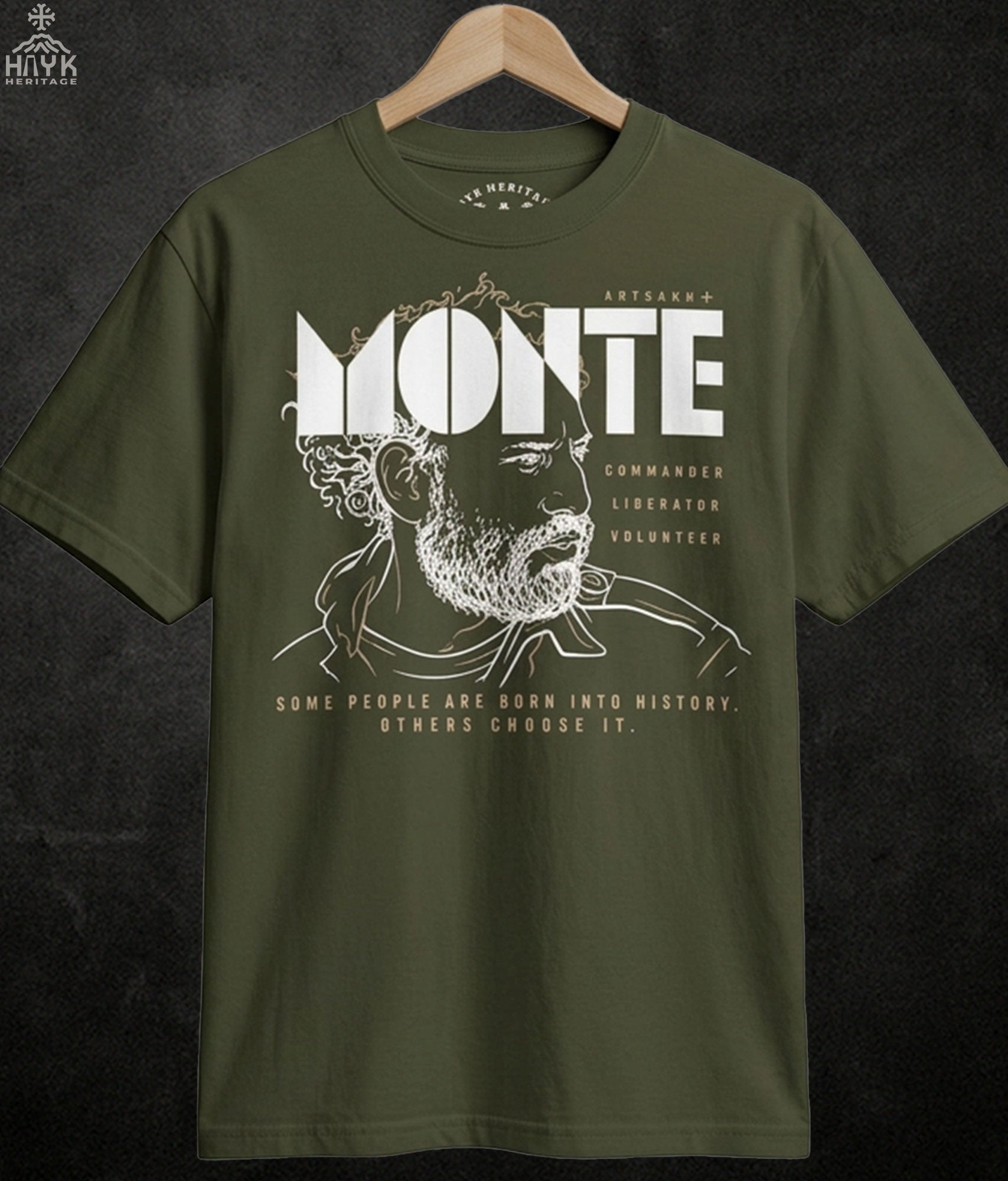 Monte Melkonian — He Chose Armenia | Black t-shirt flat lay product shot