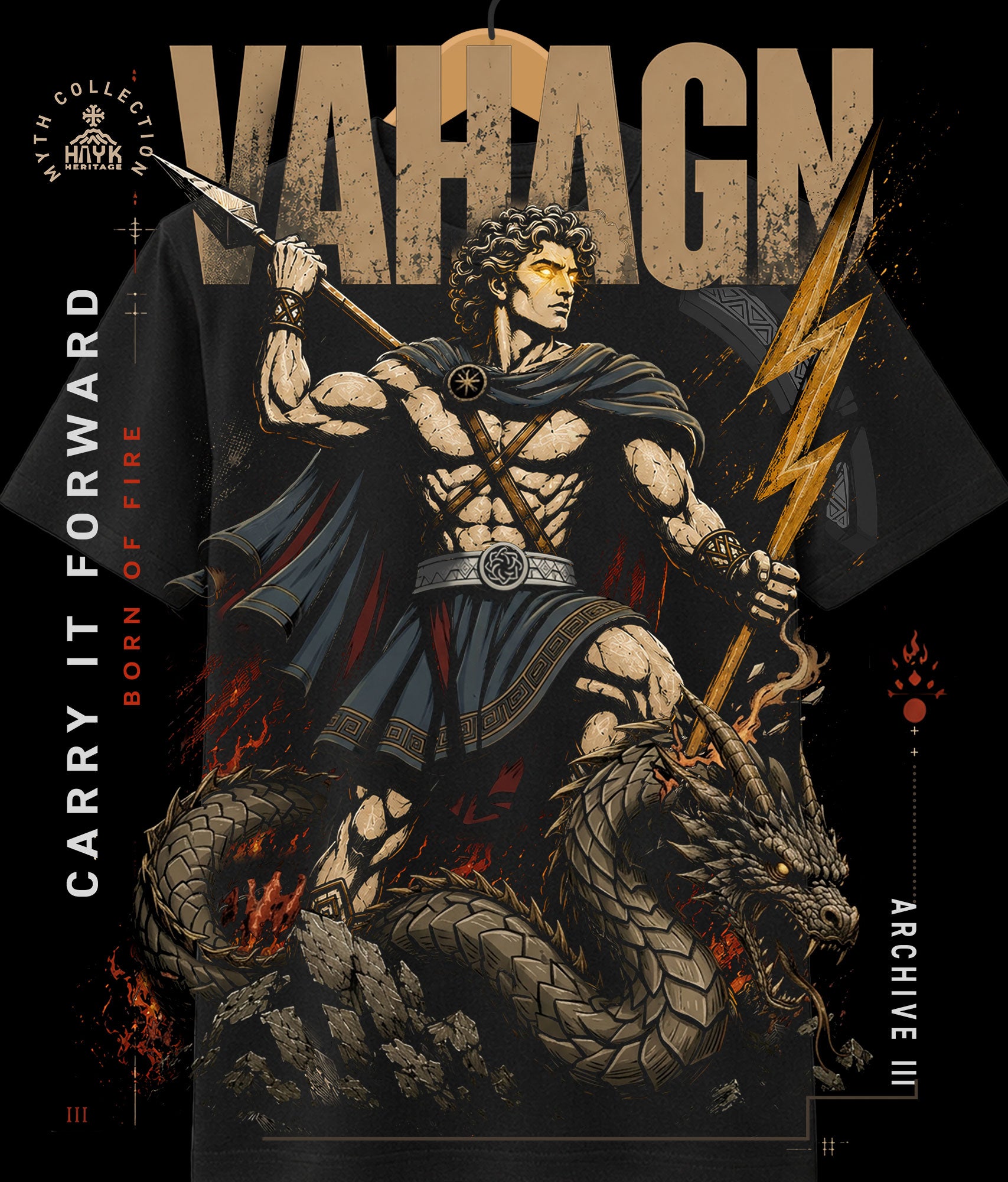 Vahagn Archive III "Born of Fire" — Armenian dragon-slayer god graphic tee, Hayk Heritage