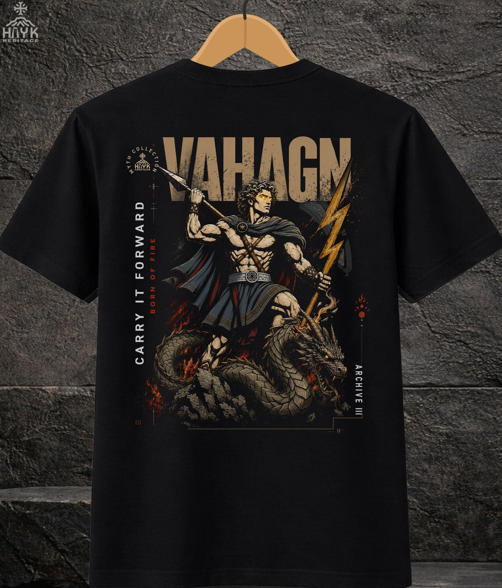Vahagn "Born of Fire" — Armenian mythology tee, Archive III dragon slayer | Hayk Heritage
