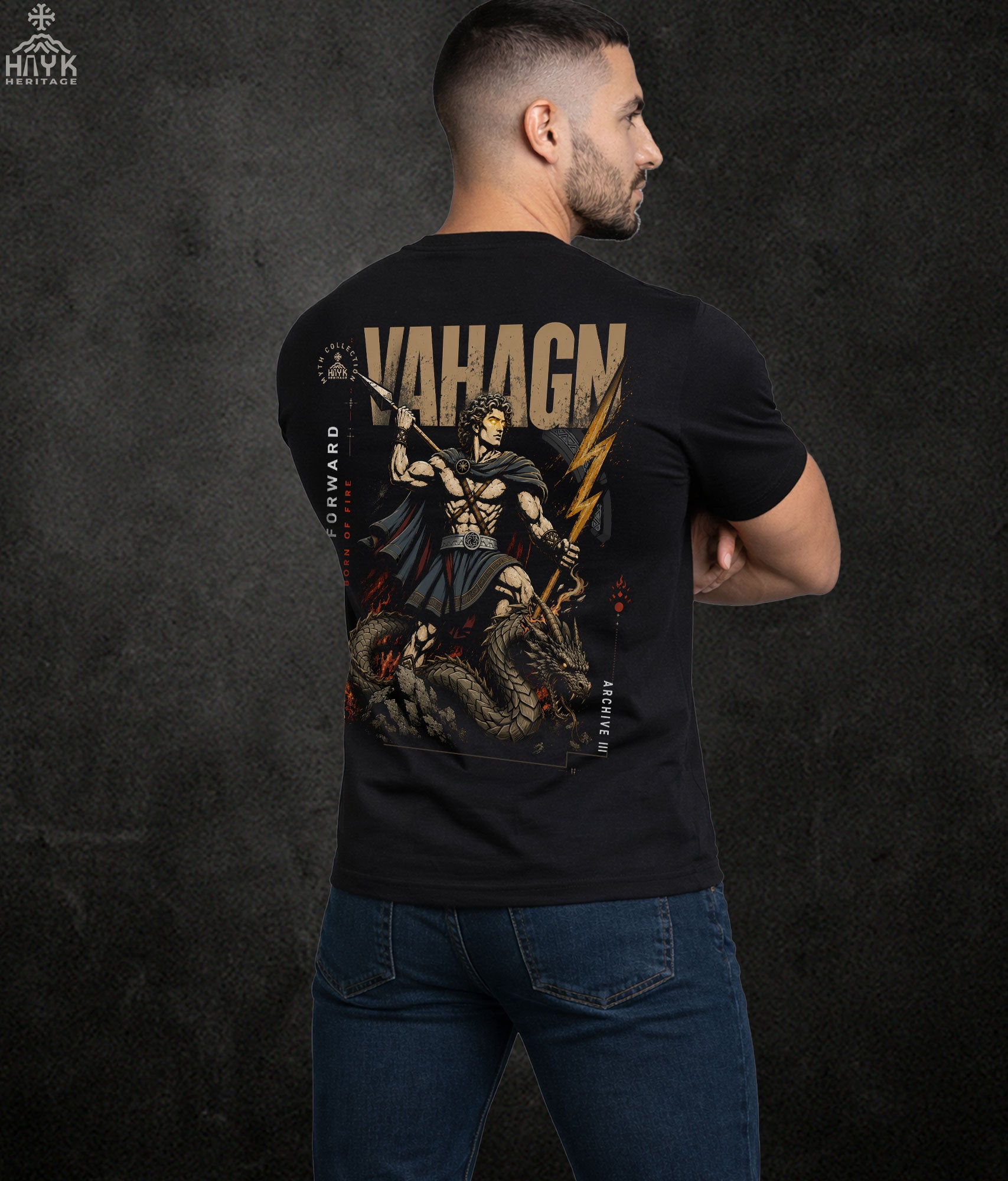 Vahagn Archive III — Armenian graphic t-shirt, Born of Fire design detail