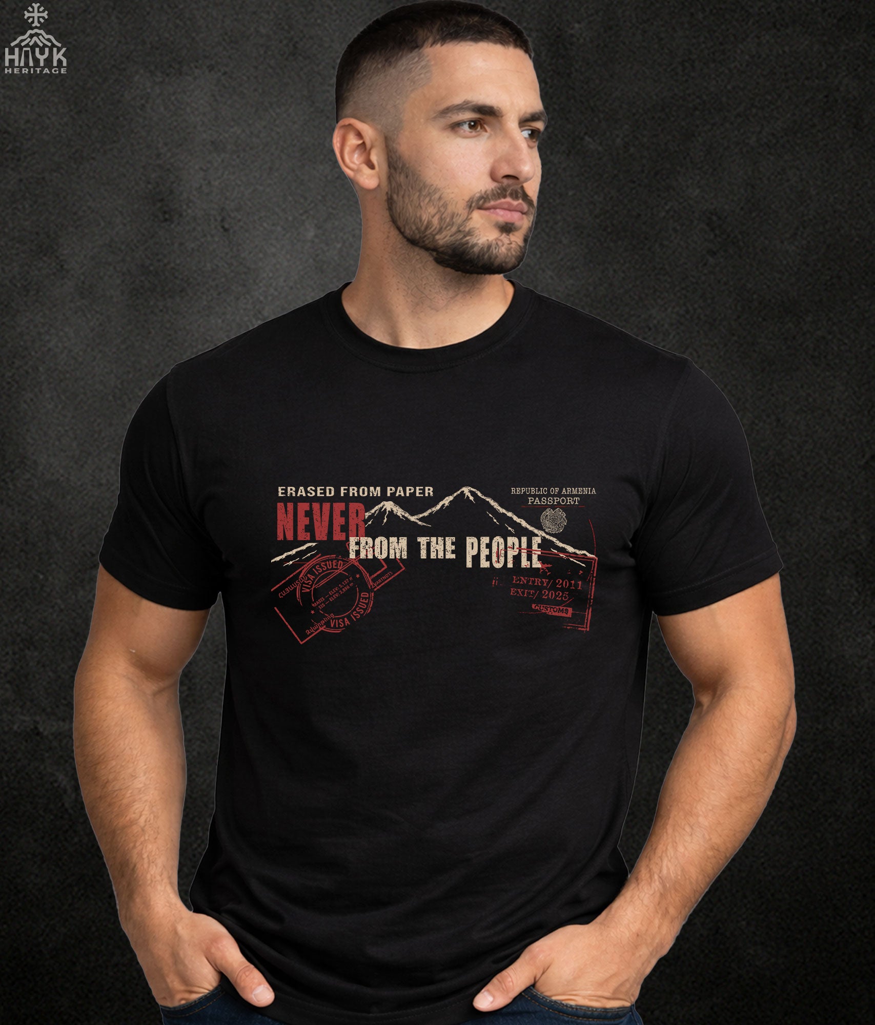 Erased From Paper Never From The People Ararat Heritage T-Shirt, back view on black tee
