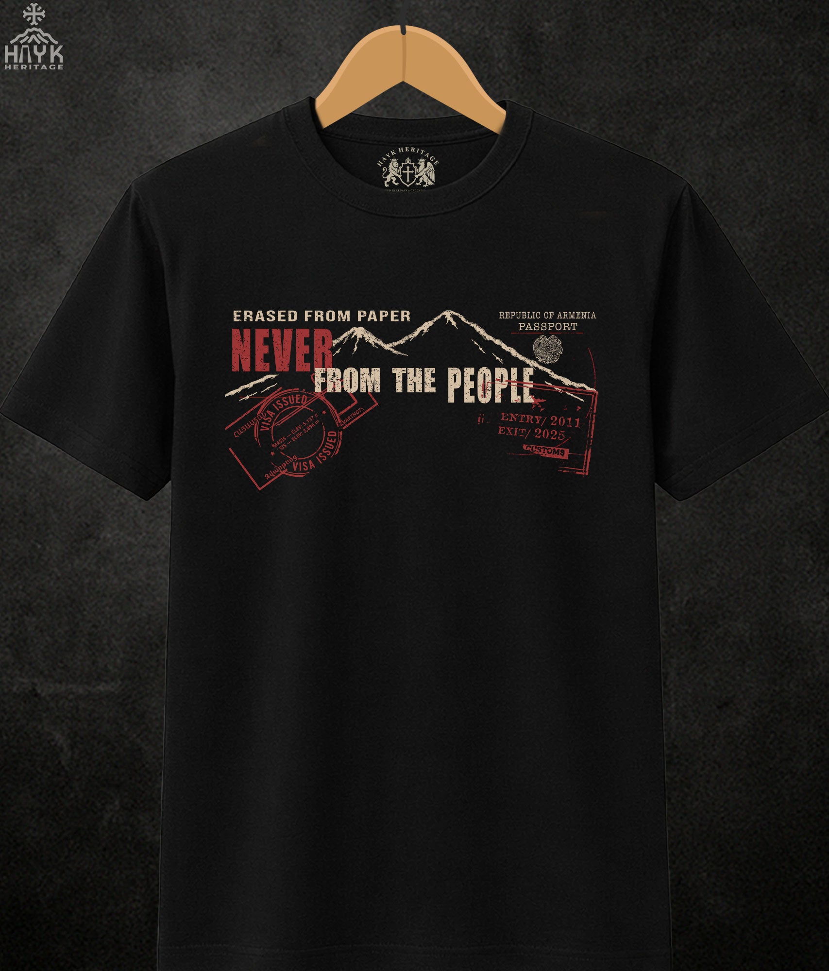 Erased From Paper Never From The People Ararat Heritage T-Shirt, front view on black tee