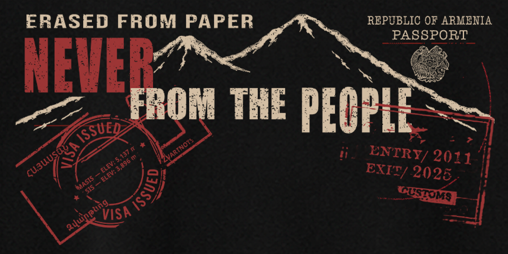 Close-up of Armenian passport-style graphic with Mount Ararat, Masis and Sis peaks on black t-shirt