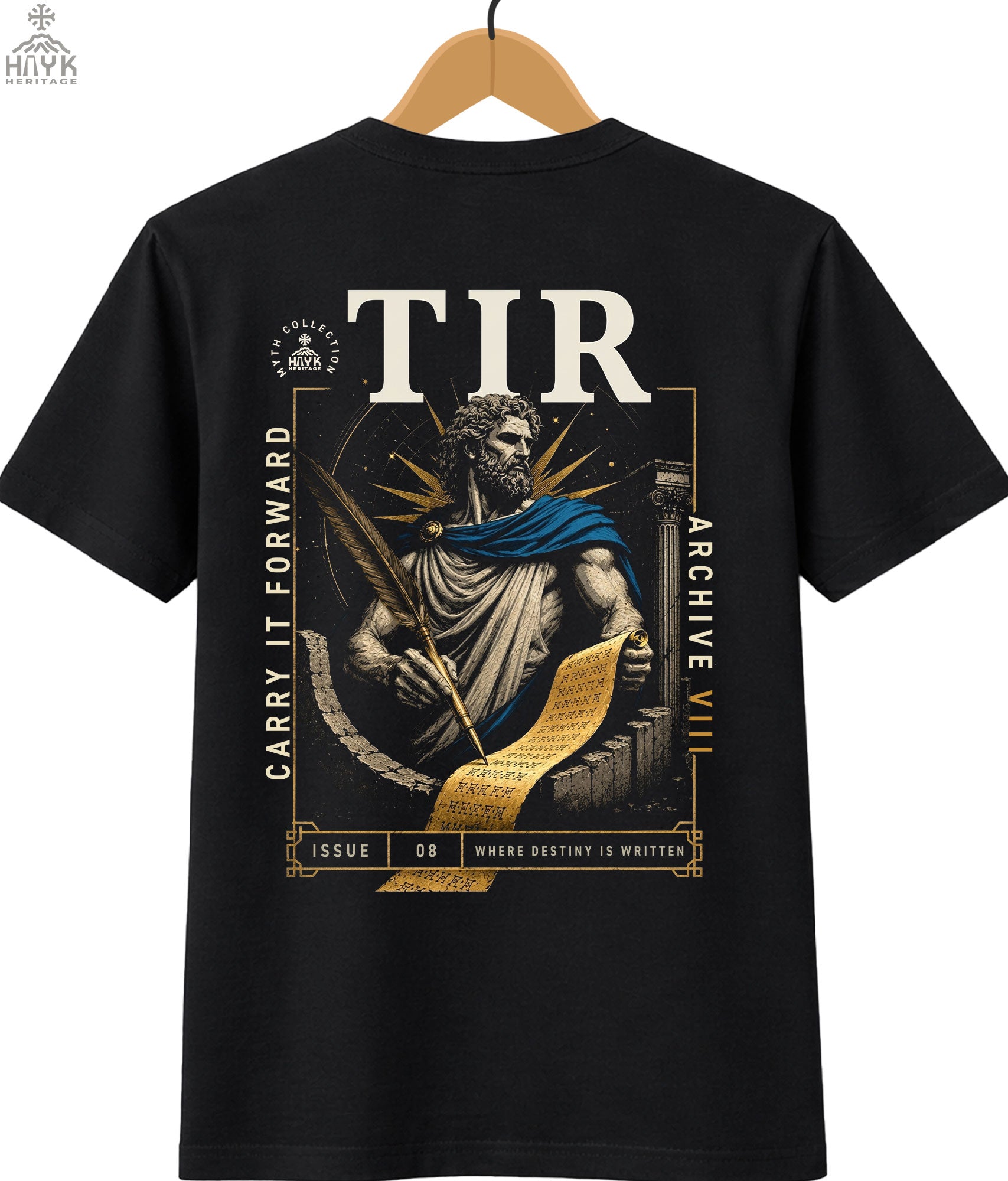 Tir Armenian t-shirt front design featuring the divine scribe with ceremonial quill and manuscript