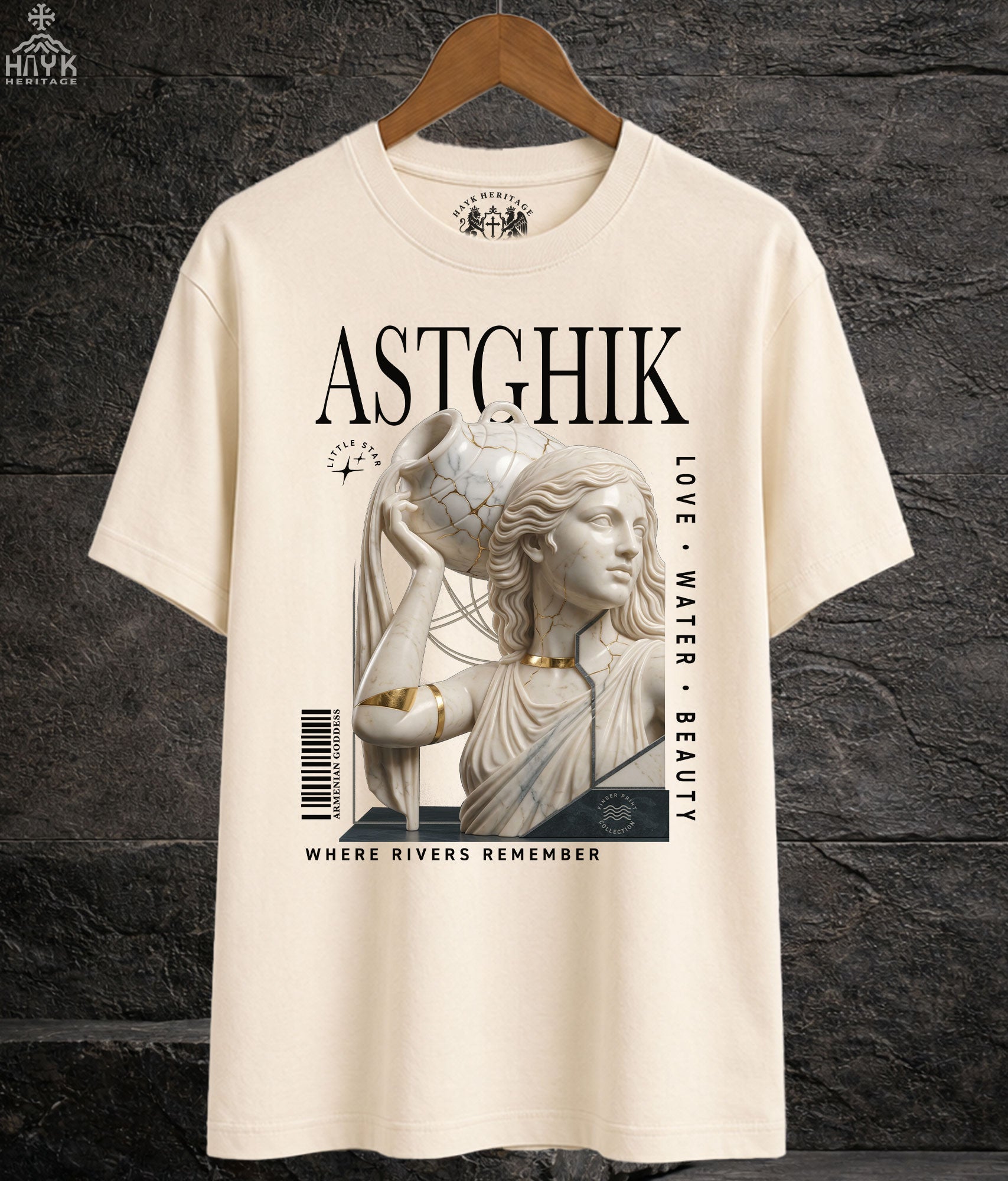 Astghik tee — fractured marble statue restored with gold, flowing vessel, Where Rivers Remember