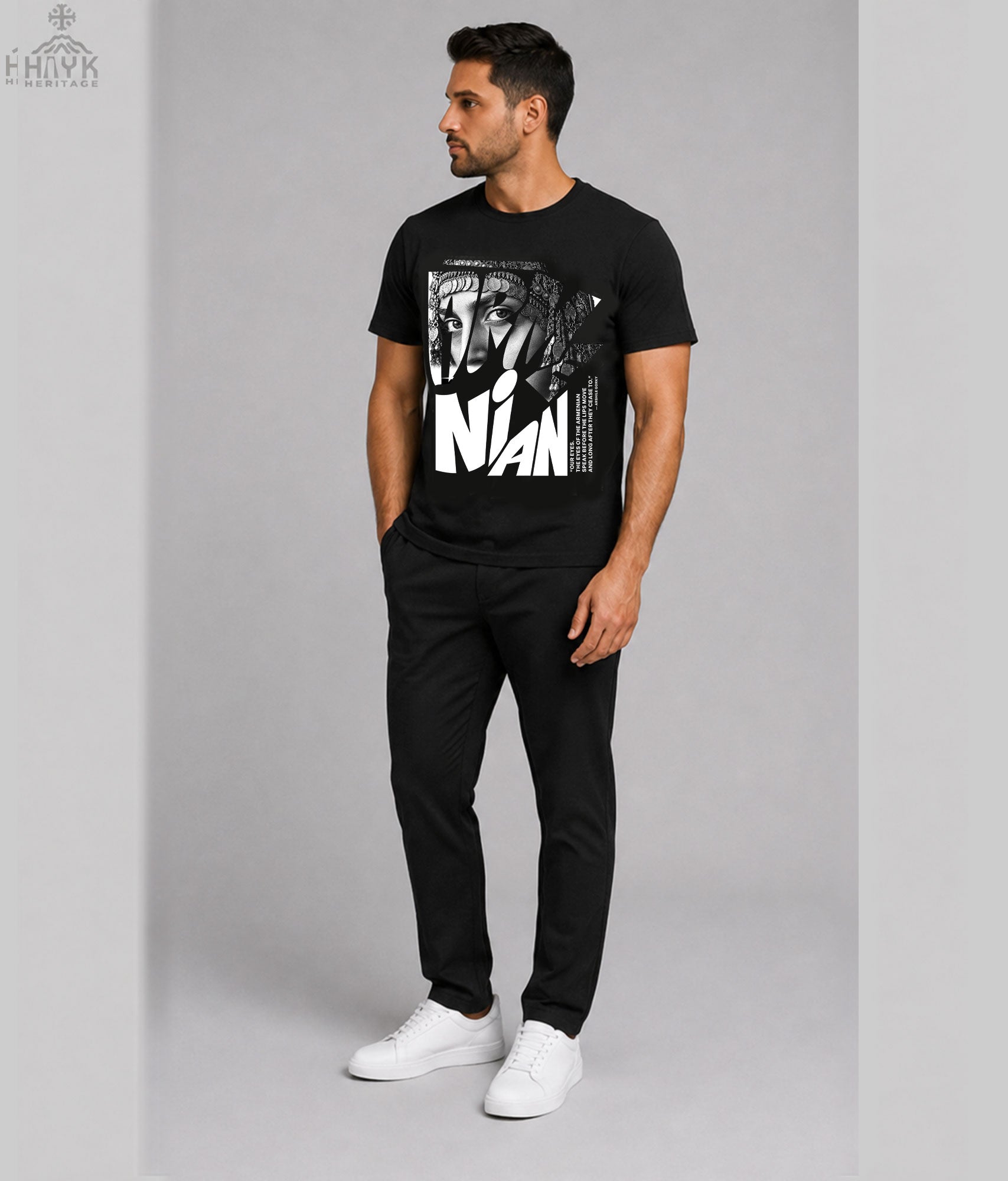 Arshile Gorky Armenian Eyes graphic tee, high-contrast black and white typographic portrait