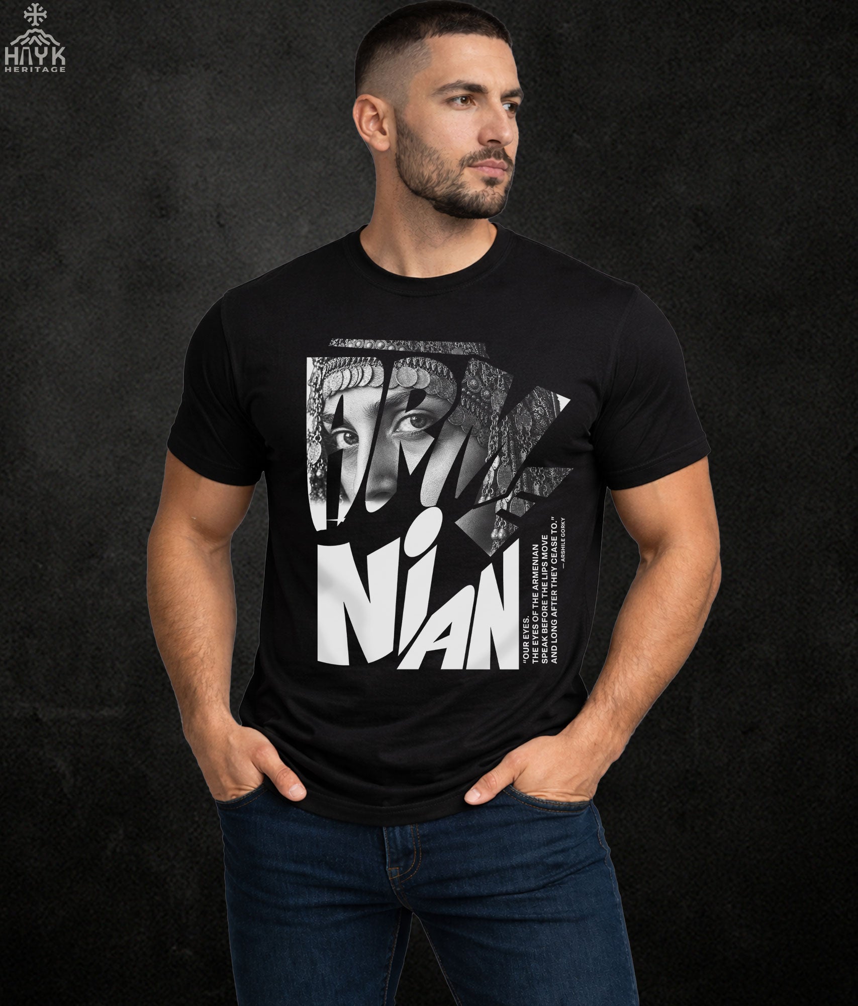 Armenian Eyes tee detail — coin headdress and cut-out ARMENIAN lettering over the eyes
