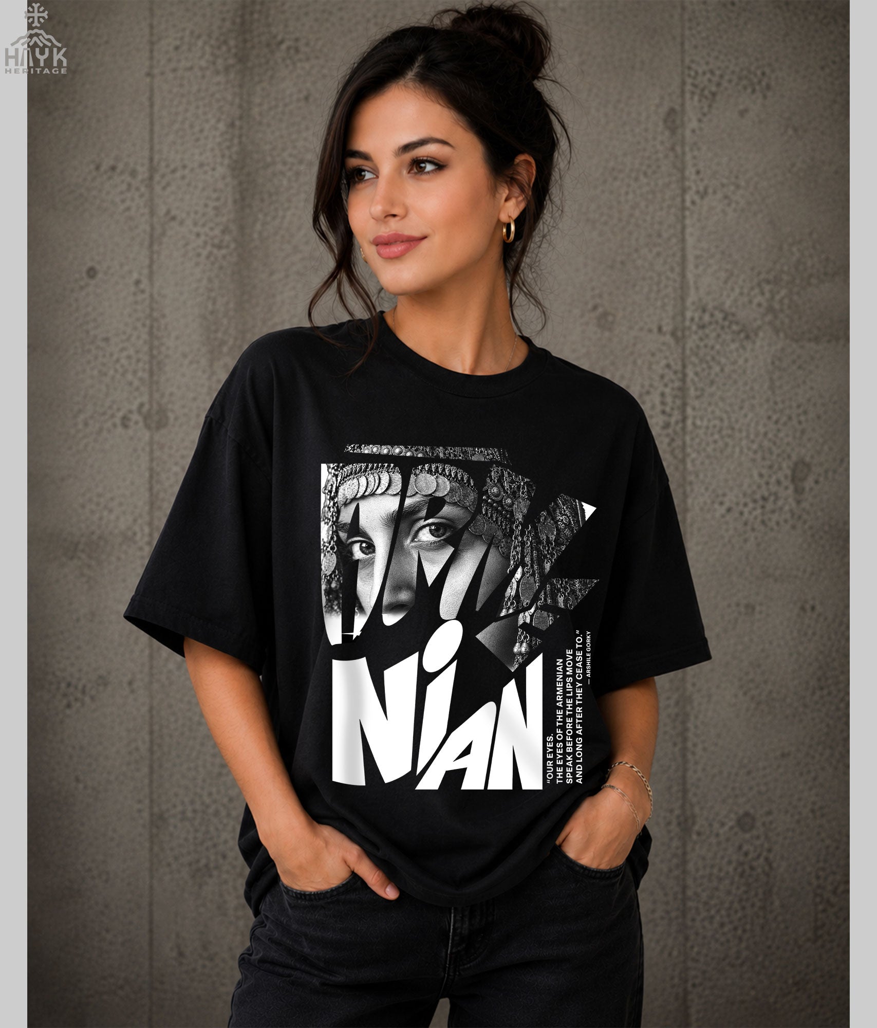 Armenian Eyes typographic portrait tee in black, Hayk Heritage