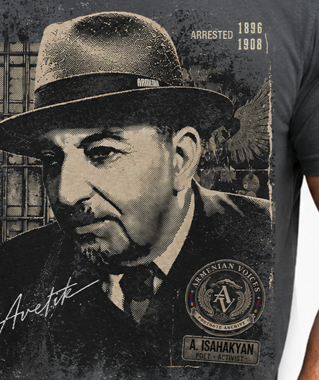 Design detail of Avetik Isahakyan vintage WANTED poster print – Hayk Heritage Armenian apparel