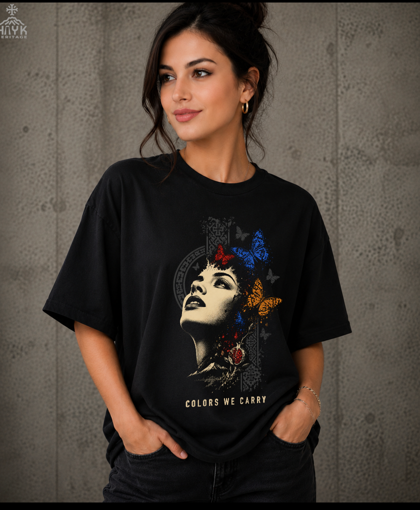 Colors We Carry artwork with portrait and red blue and apricot Armenian butterflies