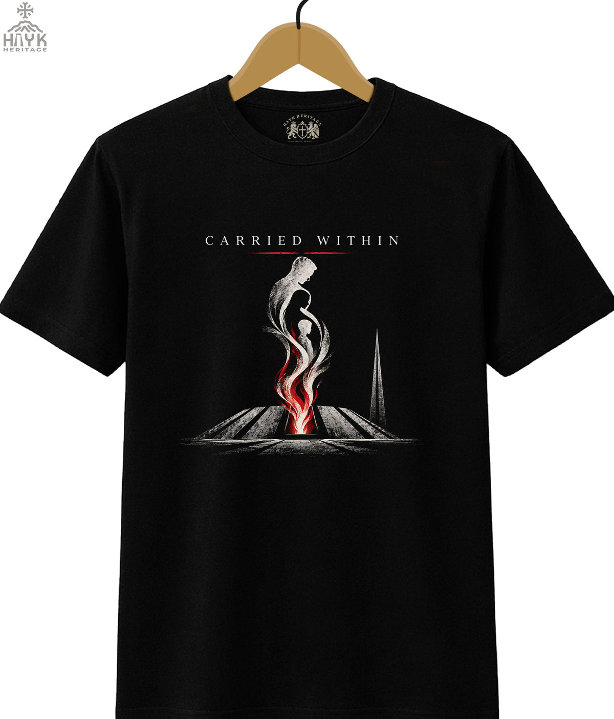 Carried Within Armenian Genocide remembrance t-shirt — forget-me-not flower and severed red line motif, Hayk Heritage