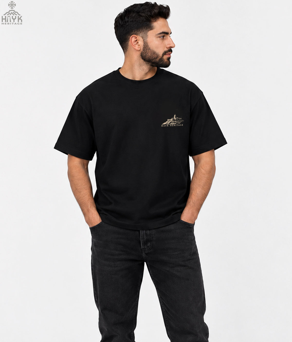 Harvest of Ararat black oversized t-shirt with minimal Hayk Heritage chest artwork