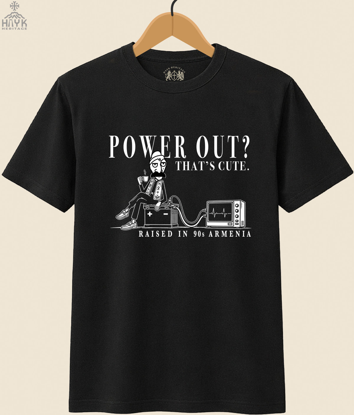 "Power Out? That's Cute" Armenian humor t-shirt design — Norek Aram and a car-battery-powered TV, Hayk Heritage.