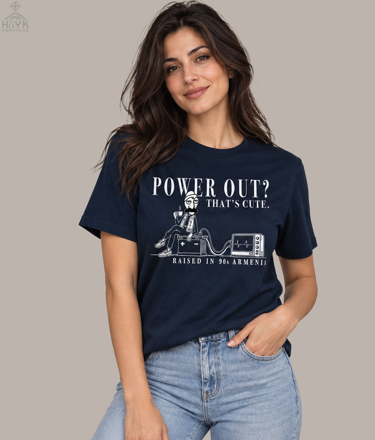 Funny Armenian t-shirt — Norek Aram keeps the TV on with a car battery, "Power Out? That's Cute — Raised in 90s Armenia."