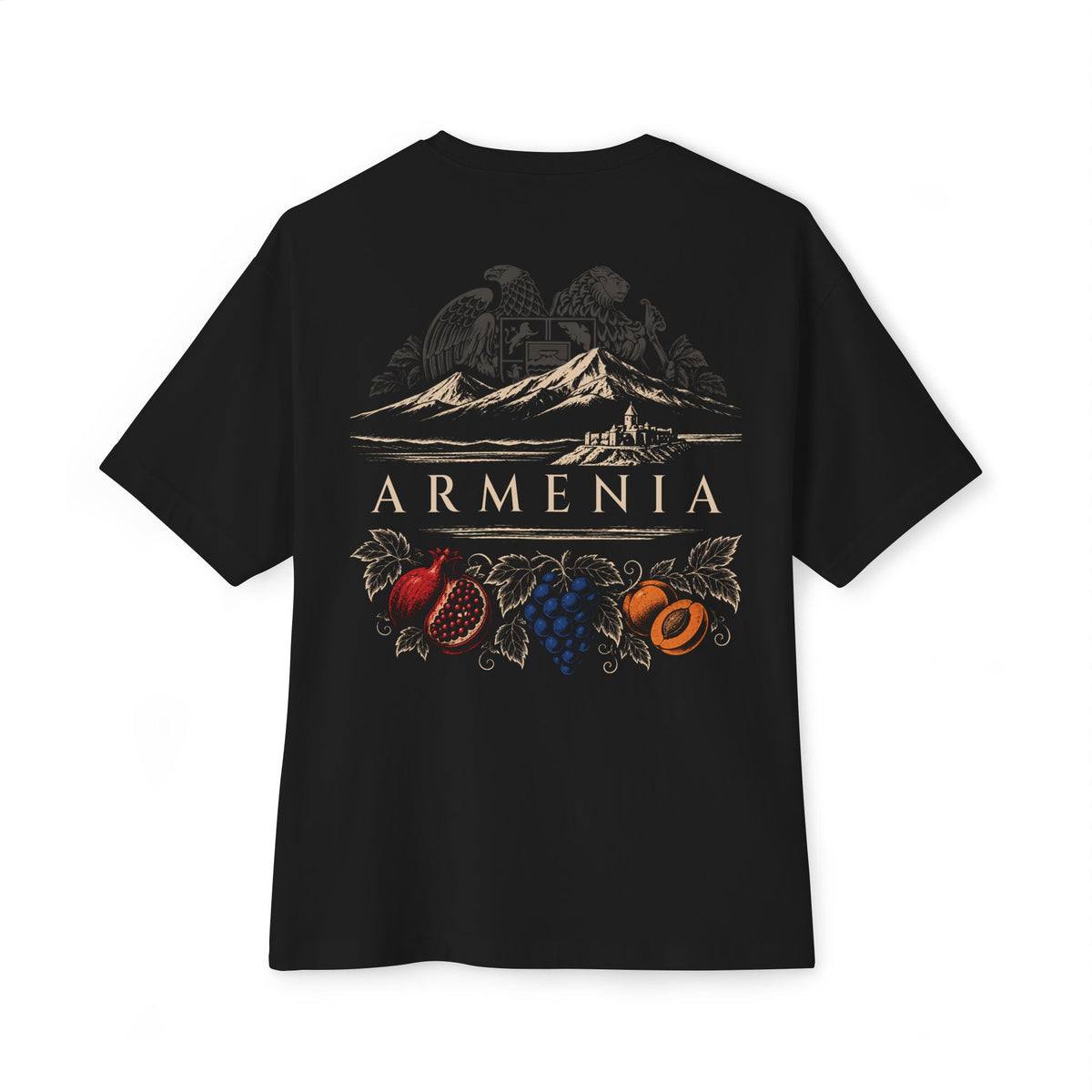 Harvest of Ararat Armenian cultural oversized tee in black with heritage-inspired design