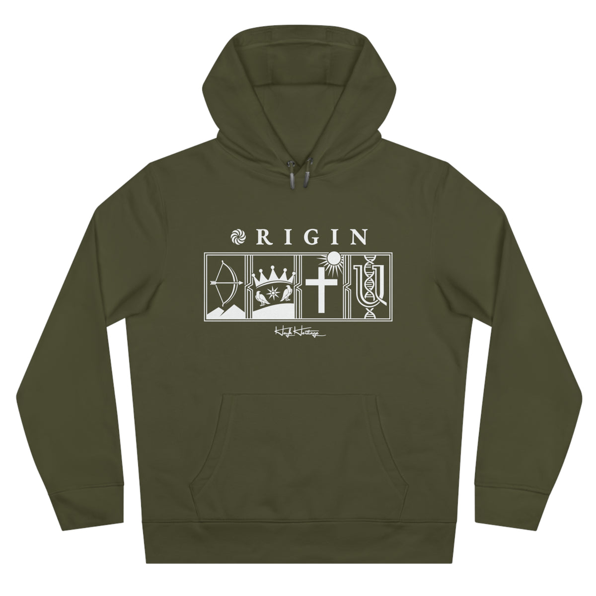 ORIGIN Armenian heritage hoodie by Hayk Heritage — four-panel chest print of Hayk's bow, royal crown with eagles, cross and sun, and the letter Ayb with DNA