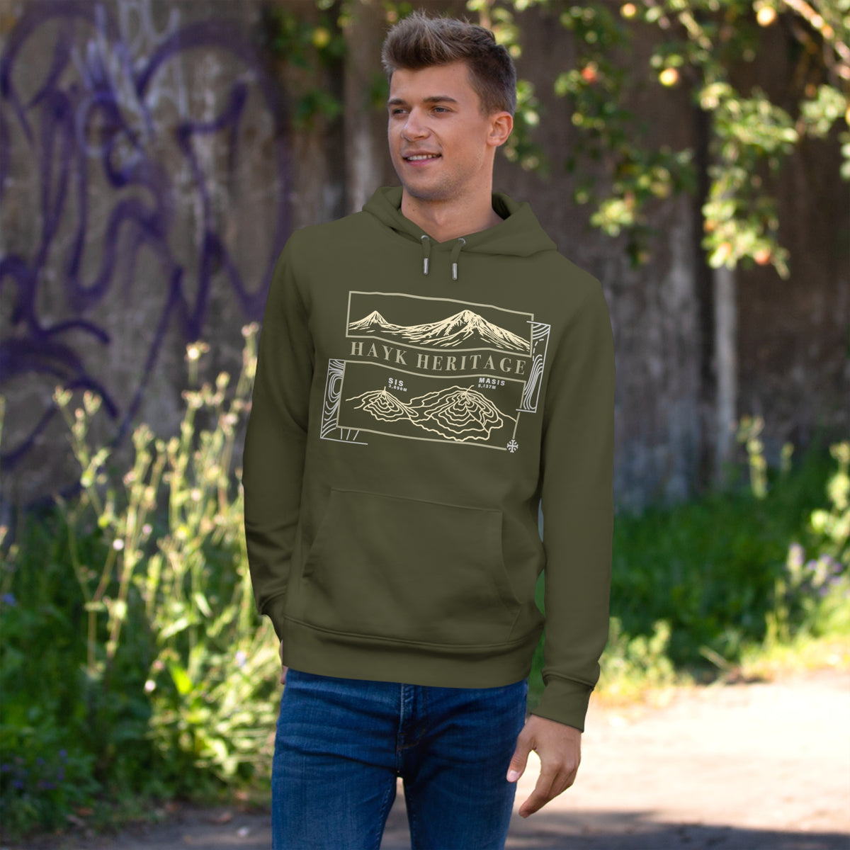 Hayk Heritage Sis and Masis pullover hoodie — engraved Ararat illustration and elevation-marked topo map
