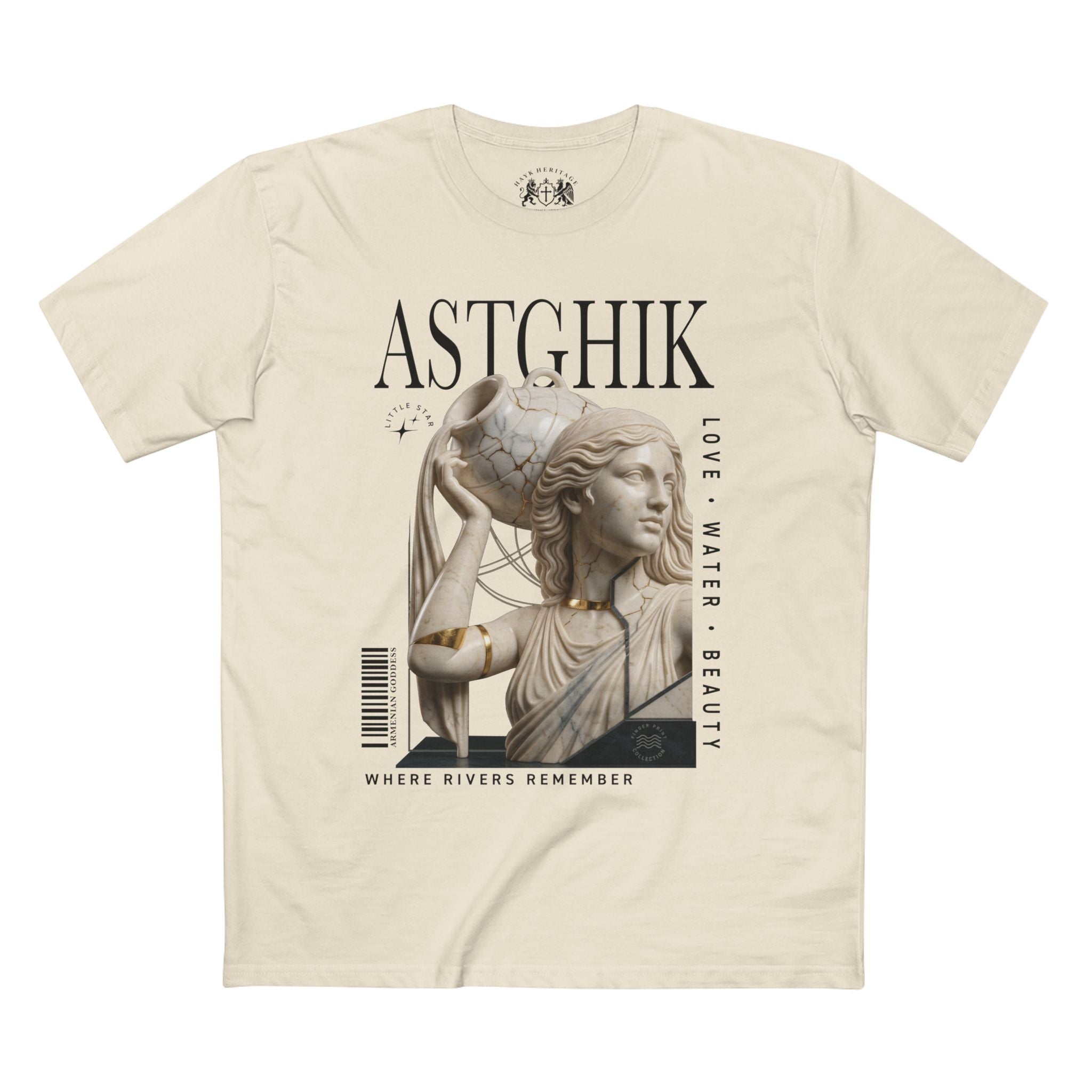 Astghik goddess of love and beauty tee, gold-restored marble, Hayk Heritage