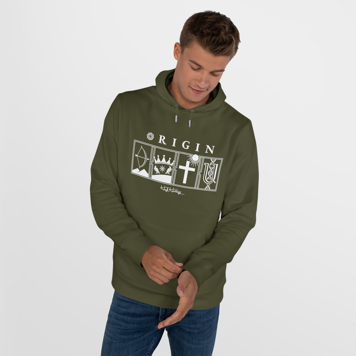 Armenian ORIGIN hoodie by Hayk Heritage — bow over mountains, crown with eagles, cross under sun, Ayb and DNA helix