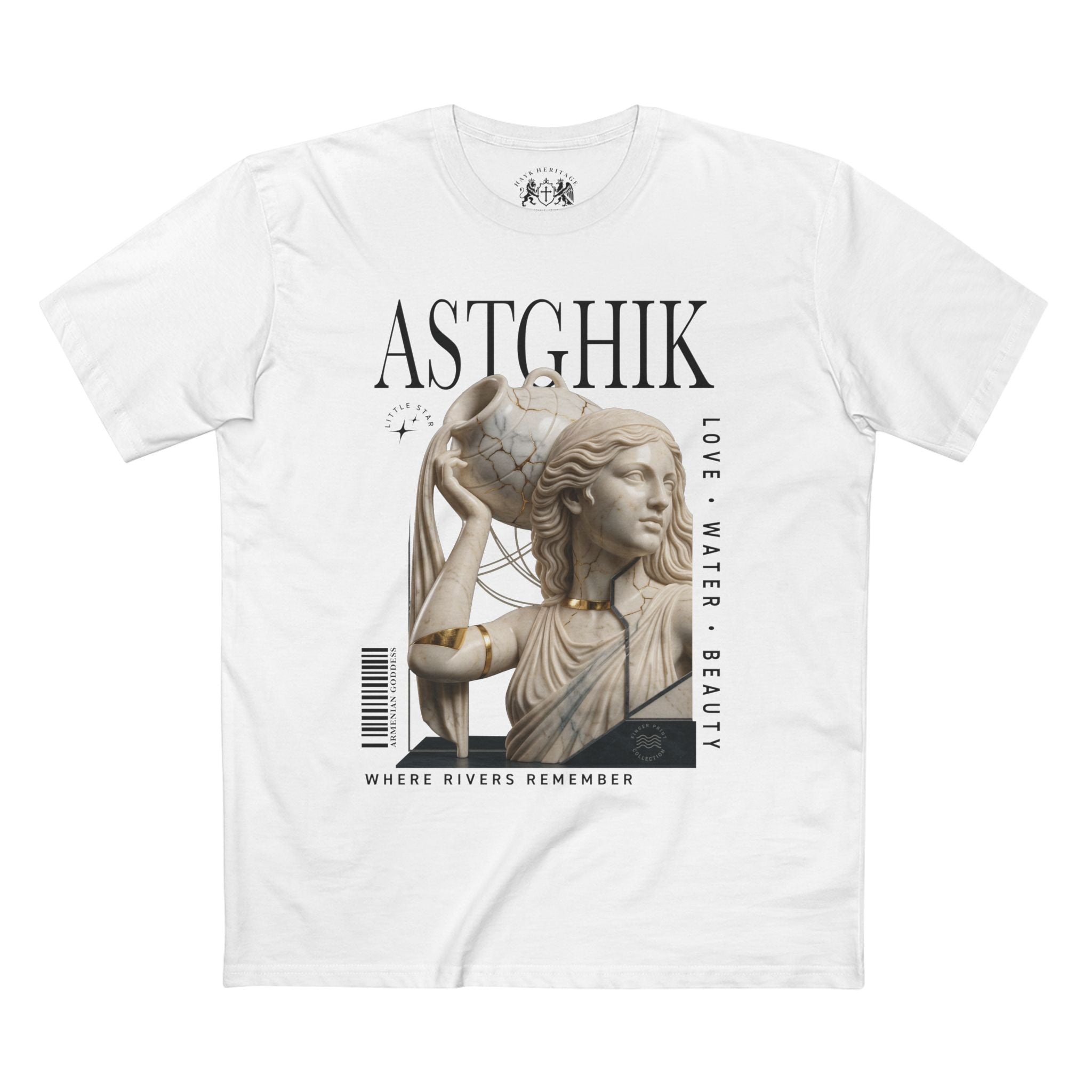 Astghik Finger Print Collection graphic tee, Armenian goddess with gold kintsugi fractures