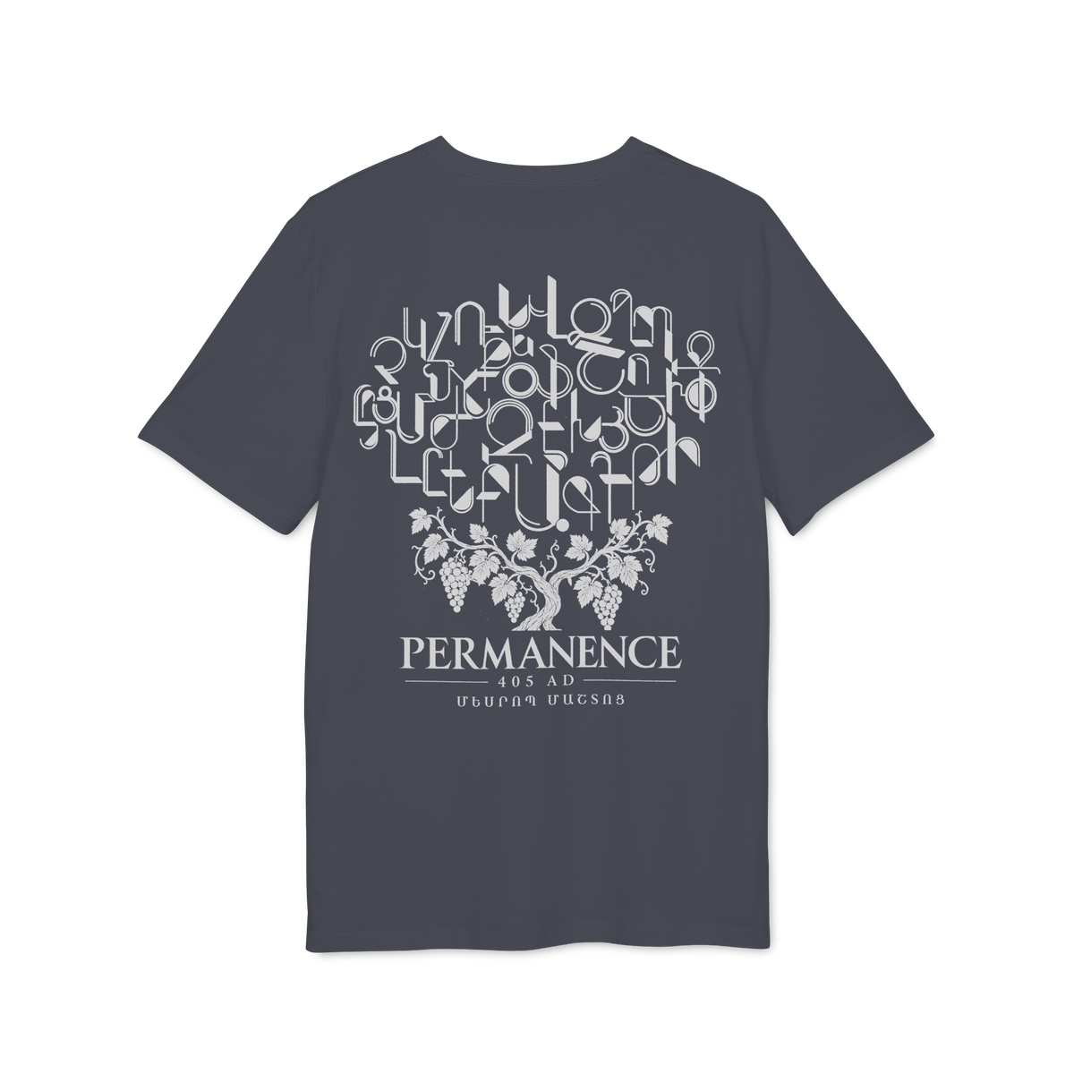 Permanence 405 AD Armenian alphabet t-shirt in India Ink Grey — EU fit, front chest design