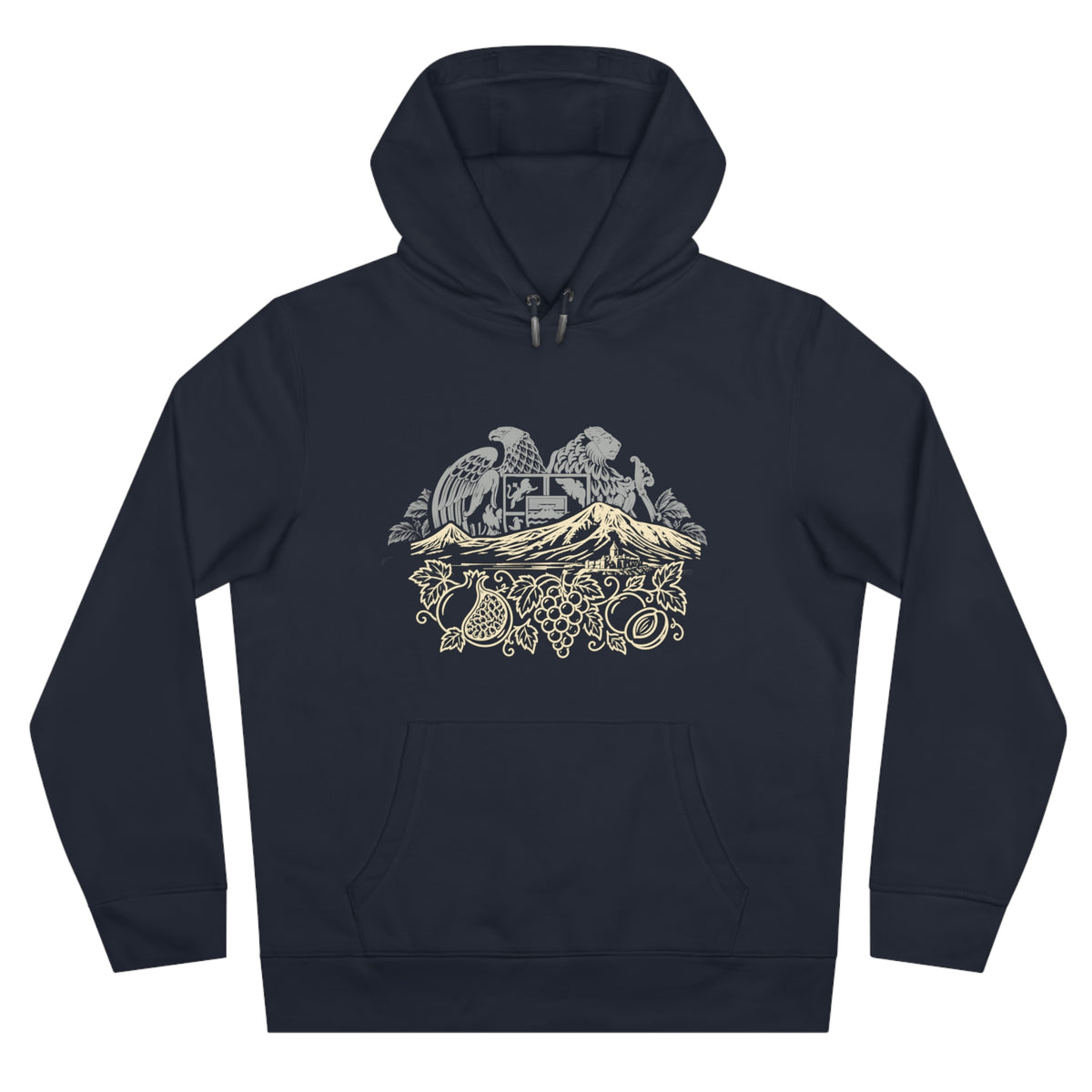 Harvest of Ararat pullover hoodie by Hayk Heritage, front chest monastery mark
